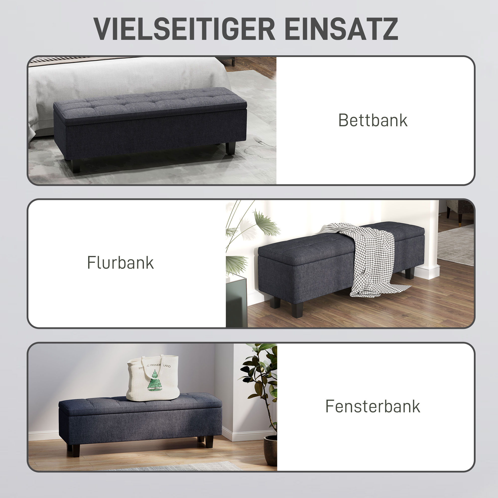 Stauraum-Polsterbank in Leinenoptik, mit Kautschukholzbeinen, für Wohnzimmer, Schlafzimmer, Flur, Dunkelgrau
