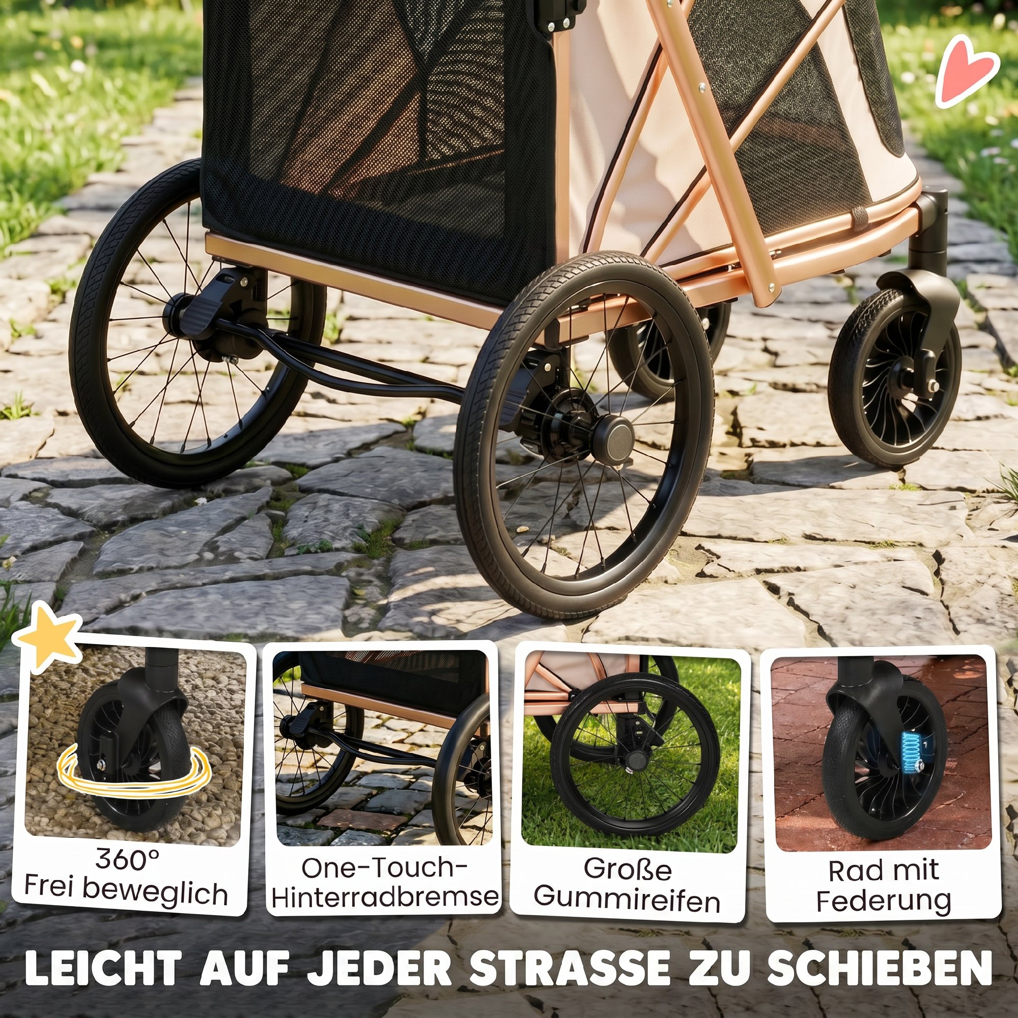 Hundewagen Faltbar Hundebuggy für Hunde bis 20 kg mit 360°Drehrädern Netzfenster Kissen Verstellbarer Griff Hellbraun