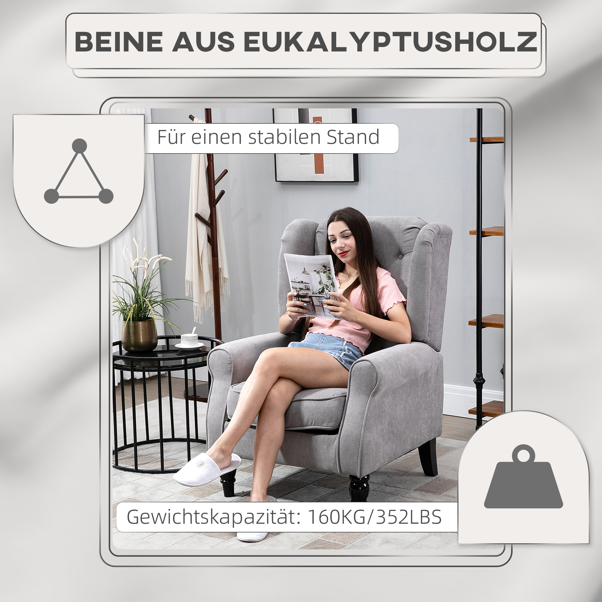 Ohrensessel Sessel mit Tufting, hoher Rückenlehne, Gepolstert Loungesessel mit abgerundeten Armlehnen, Holzbeine, für Schlafzimmer, Wohnzimmer, bis 160 kg, Grau