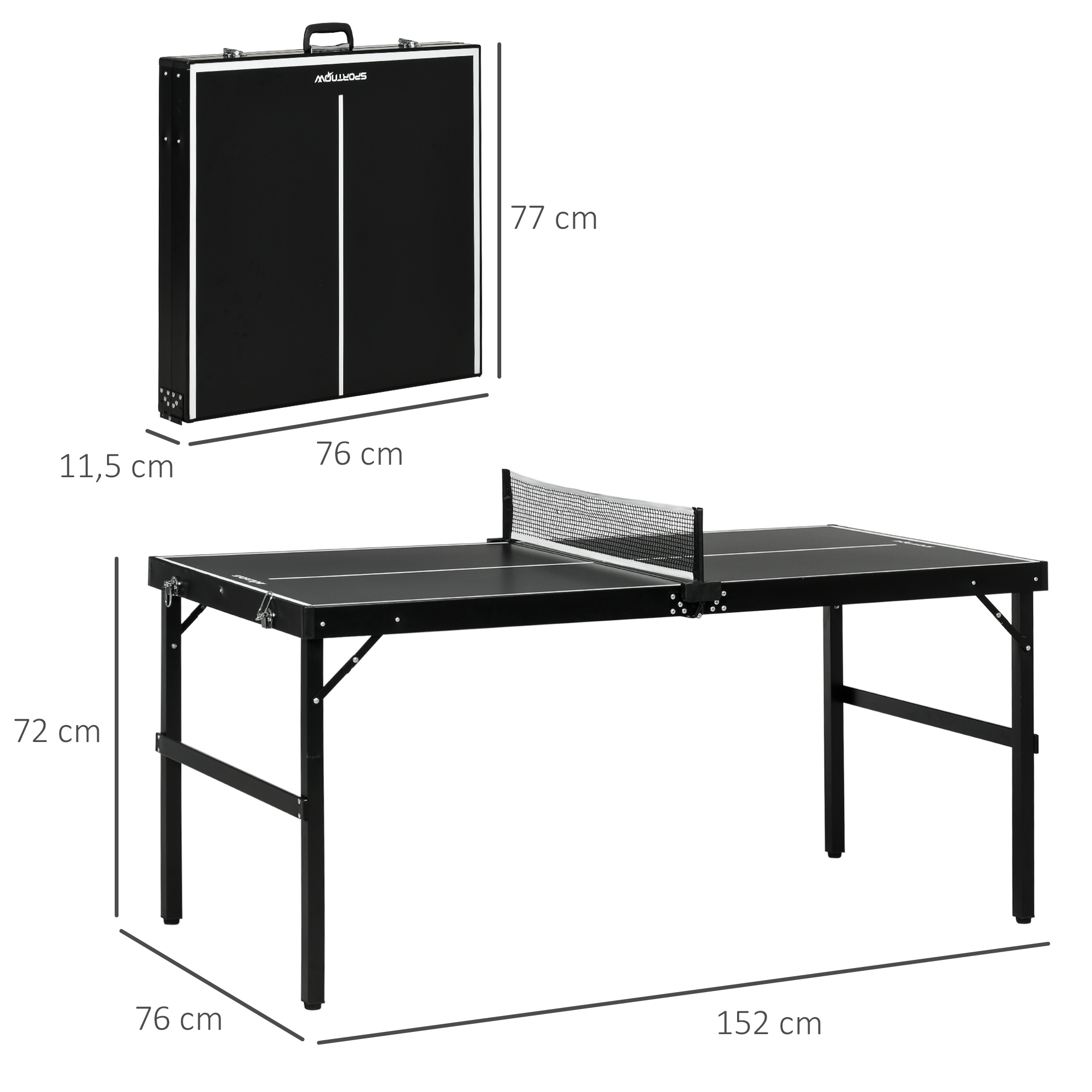 Tischtennisset, faltbar, Schloss und Griff, Aluminiumrahmen, 152x76x72 cm, Schwarz