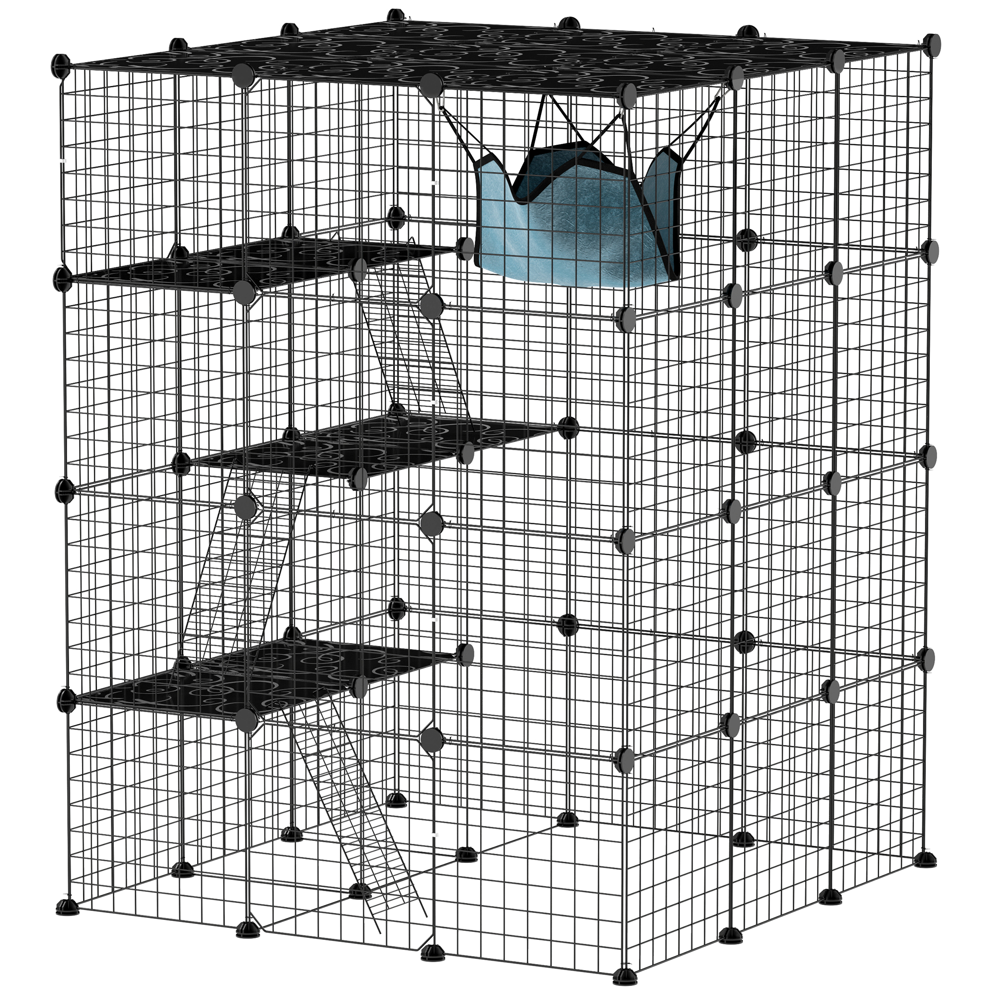 Katzenkäfig für Drinnen 4-stöckig DIY-Katzengehege mit dichtem Metalldraht Hängematte Rampe Türen Sprungplattformen