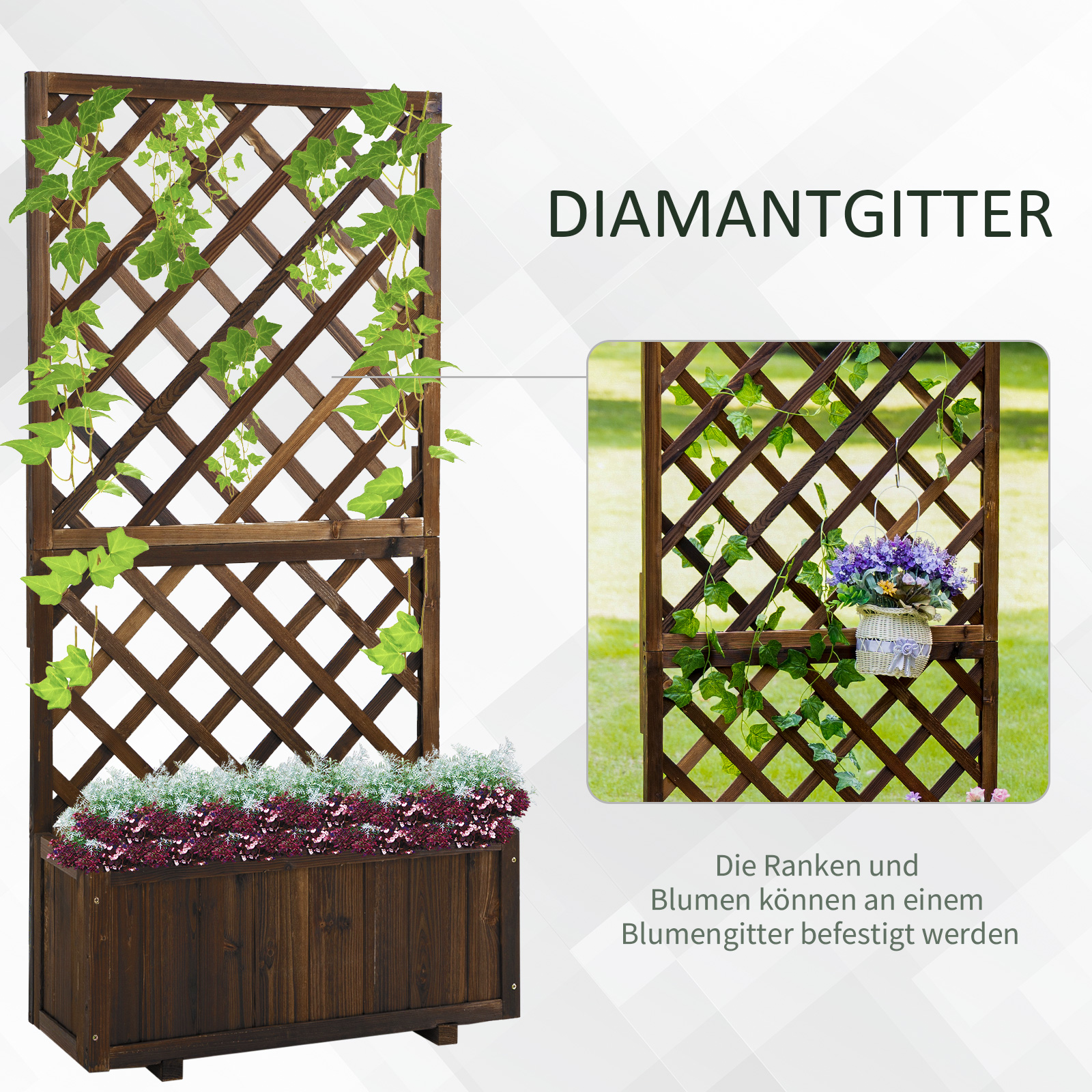 Hochbeet Pflanzenkasten mit Rankgitter, Spalier Pflanzkübel, Blumenkasten Holz, 72,5x31,5x149,5cm für Garten Balkon Terasse, Blumenkübel für Kletterpflanzen, Blumen, Braun
