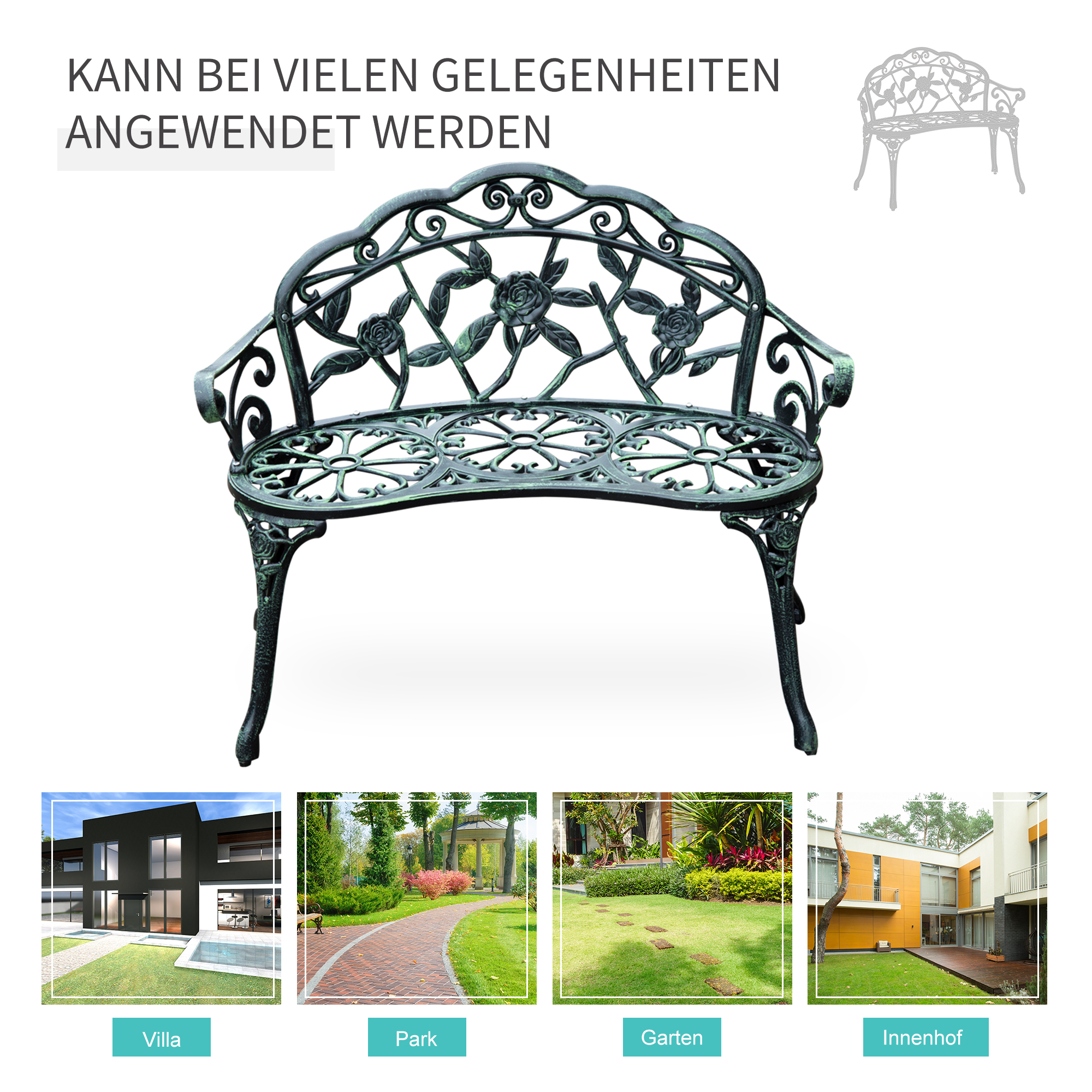 2-Sitzer Gartenbank robust Parkbank Sitzbank mit Rückenlehne Bank 240kg belastbar Gartenmöbel 100 x 54 x 78 cm Antik Grün