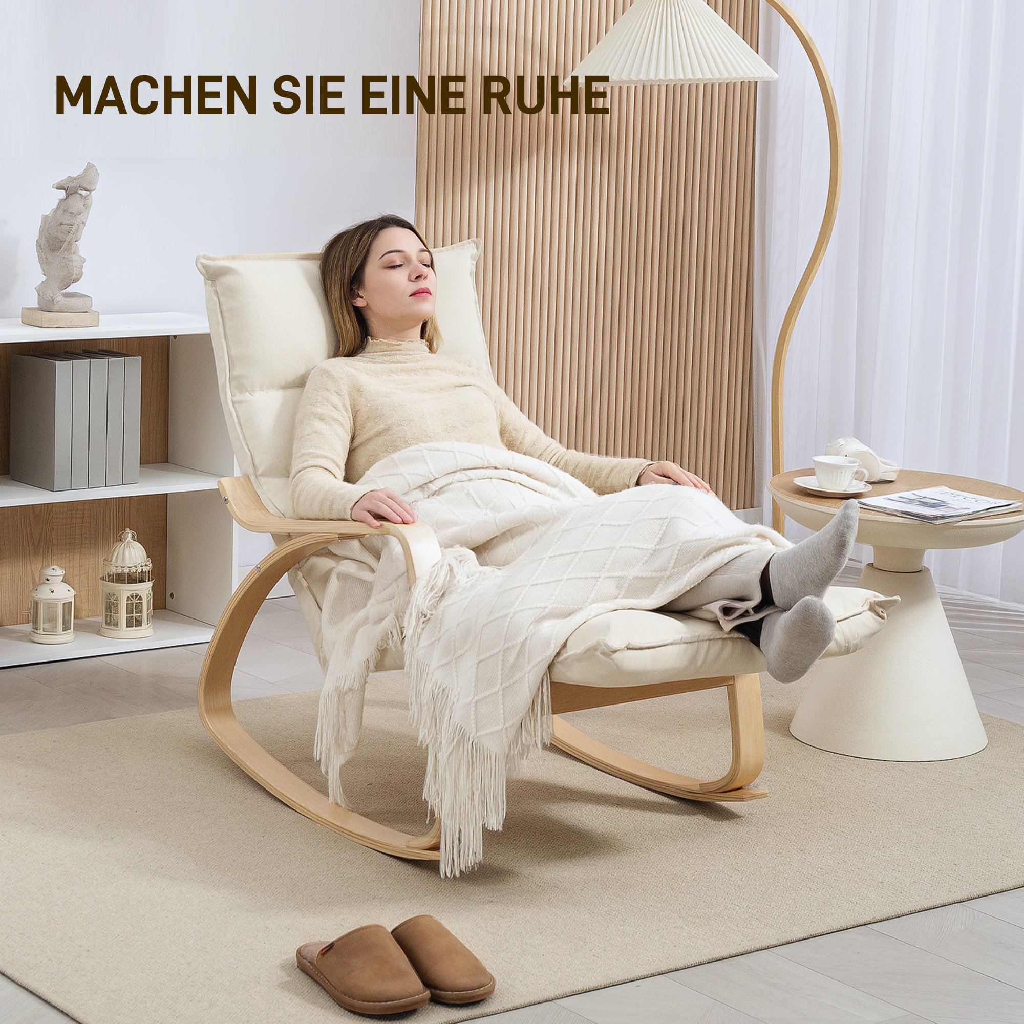 Gepolsterter Schaukelstuhl, Entspannungssessel mit Armlehnen und Stahlrahmen, für Wohnzimmer, Schlafzimmer, Cremeweiß