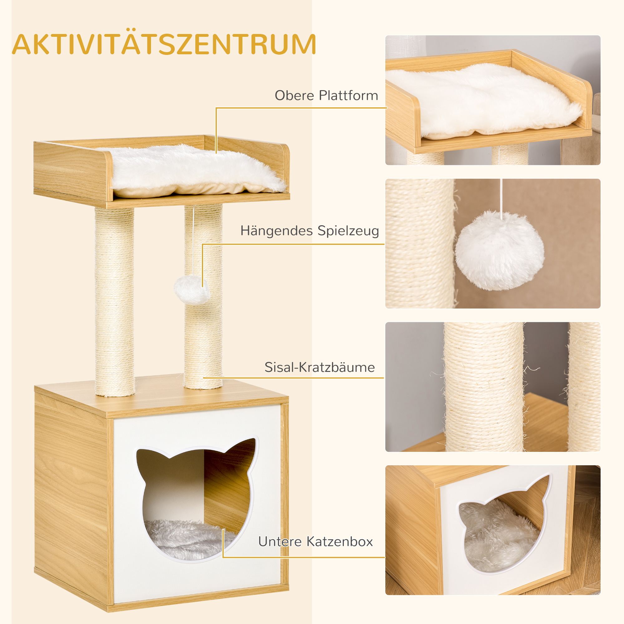 Katzenhöhle Katzenbett mit waschbarem Kissen, Plattform, Kratzsäule, Spielball, Katzenhaus für Katzen für Indoor 35 x 35 x 81 cm Eiche