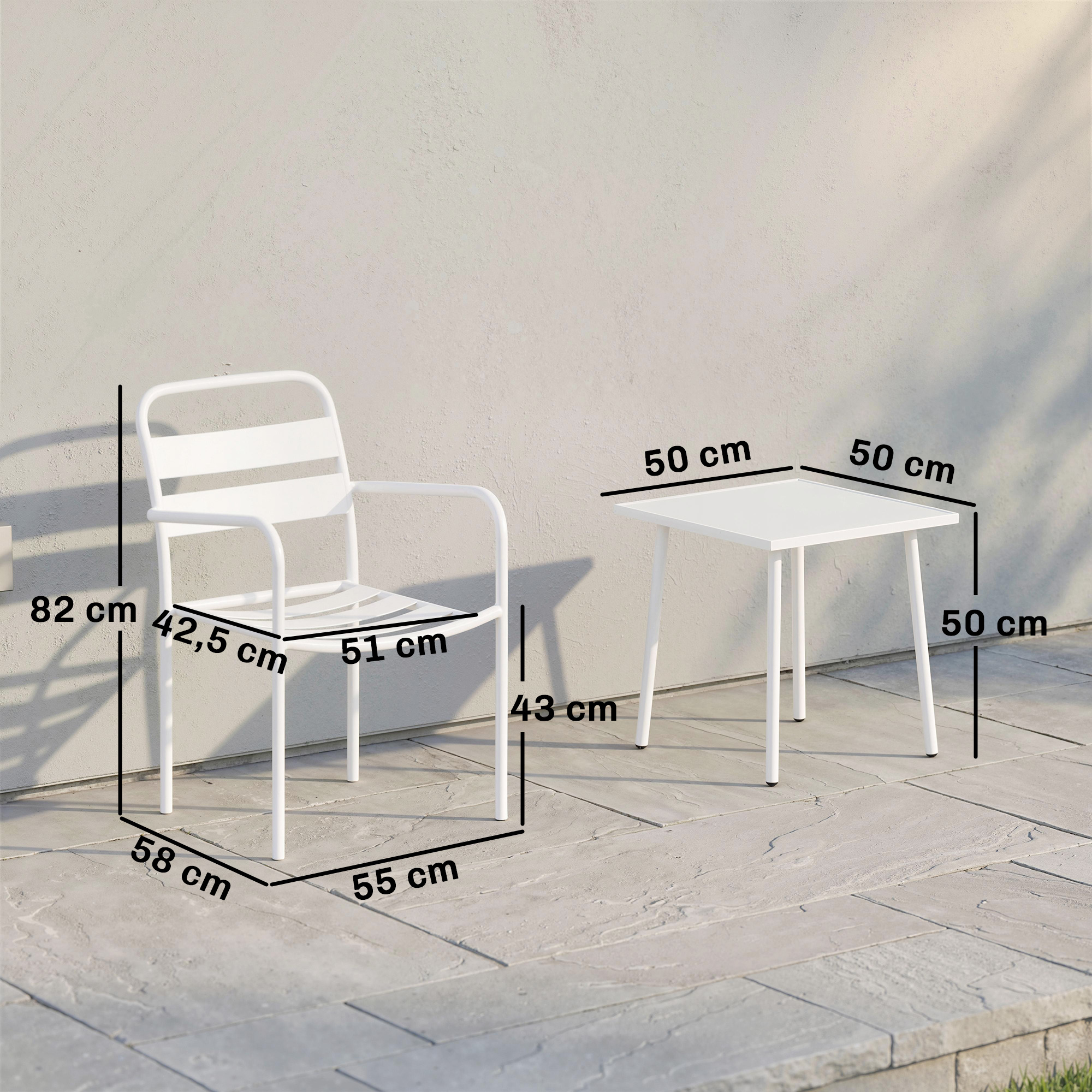 Bistroset 3 teiliges Metall Gartenmöbel-Set mit 2 Gartenstühlen, Glastisch, Lamellen-Design, Rostbeständig