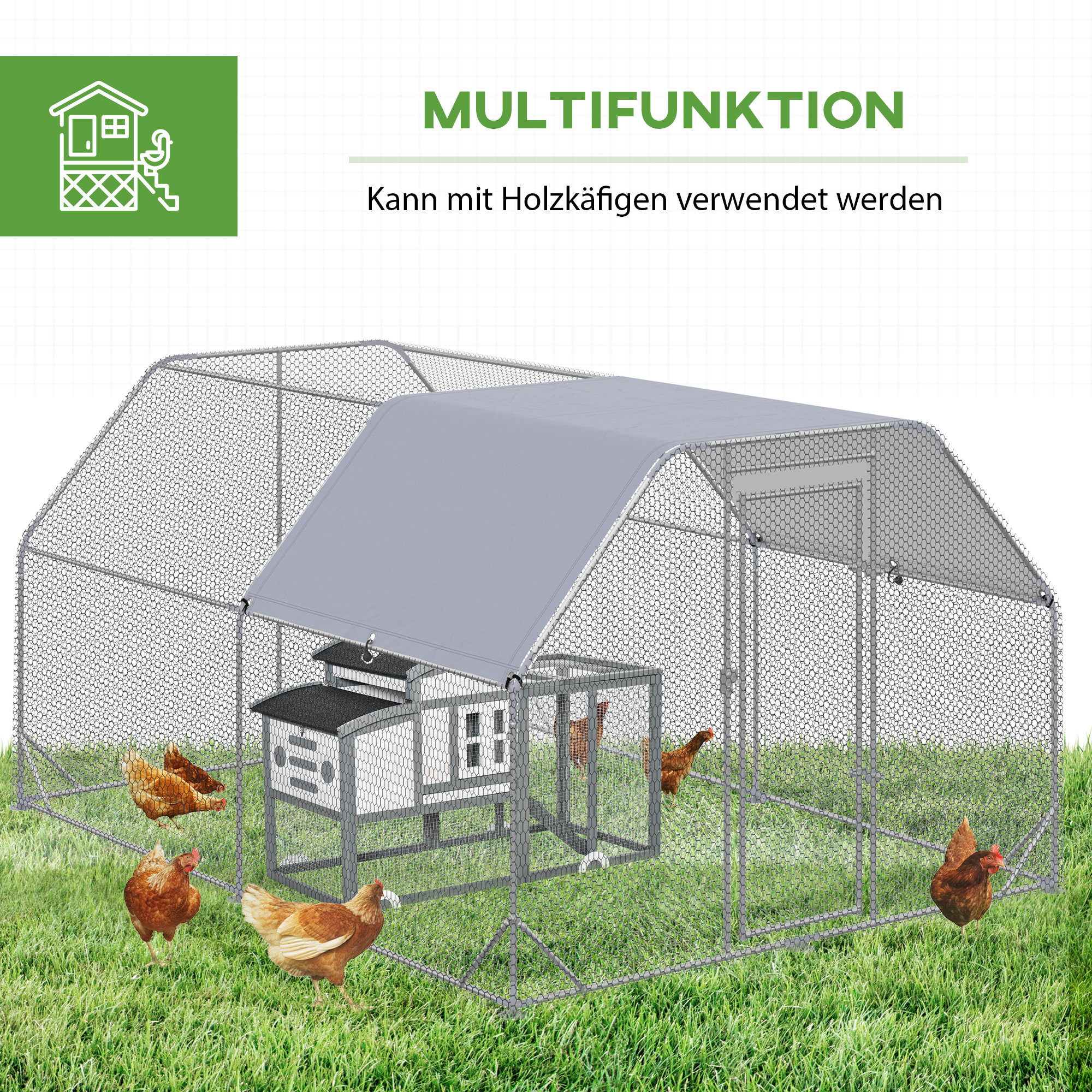 Hühnergehege Hühnerstall Hühnerauslauf, begehbar, verriegelbare Tür, für 10-12 Hühner, 280 cm x 380 cm x 195 cm, Grau
