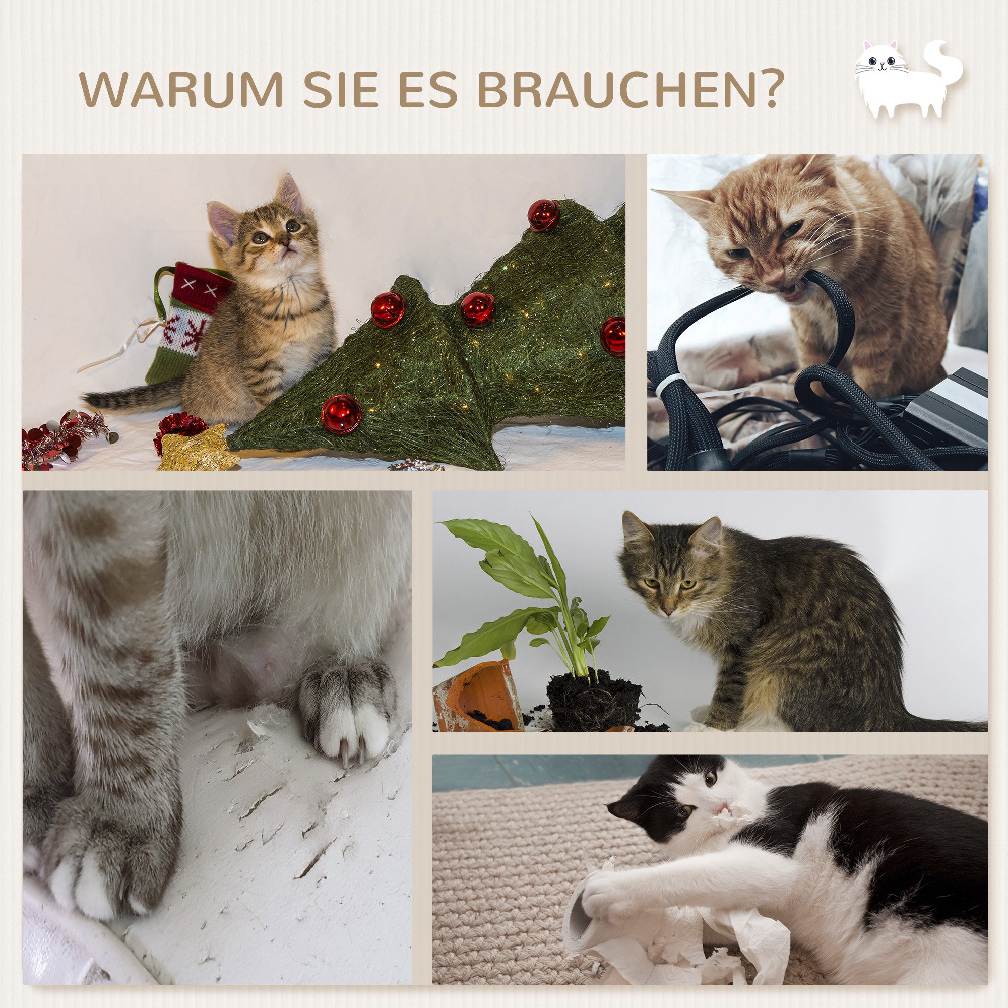 Kletterwand-Set für Katzen, 4-teilig, mit Katzentreppe, Hängematte, Plattform und Kratzbaum, Beige