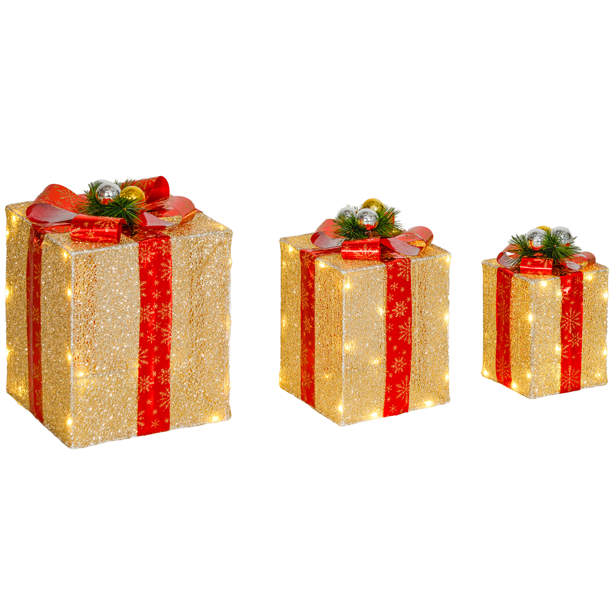 3-teiliges Weihnachts-Geschenkboxen-Set für Innen- und Außendekoration, mit 58 LED-Lichtern, Goldton