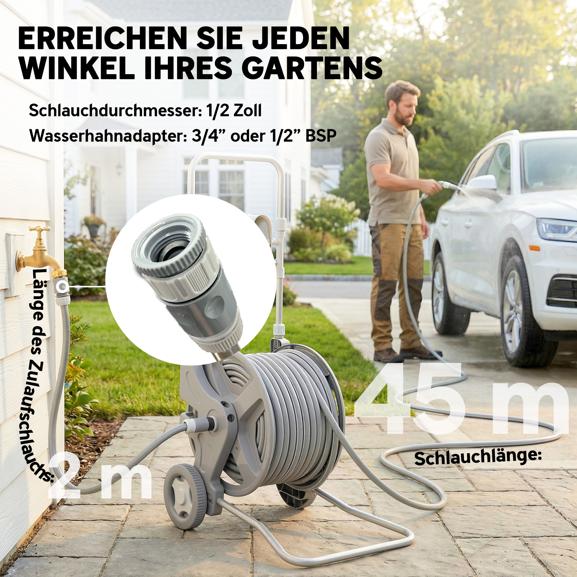 Schlauchwagen 45 m Schlauchtrommel mit 2 Sprühmustern, Wasserhahnadapter Kurbel 2 Rädern 45 x 44 x 78 cm Grau