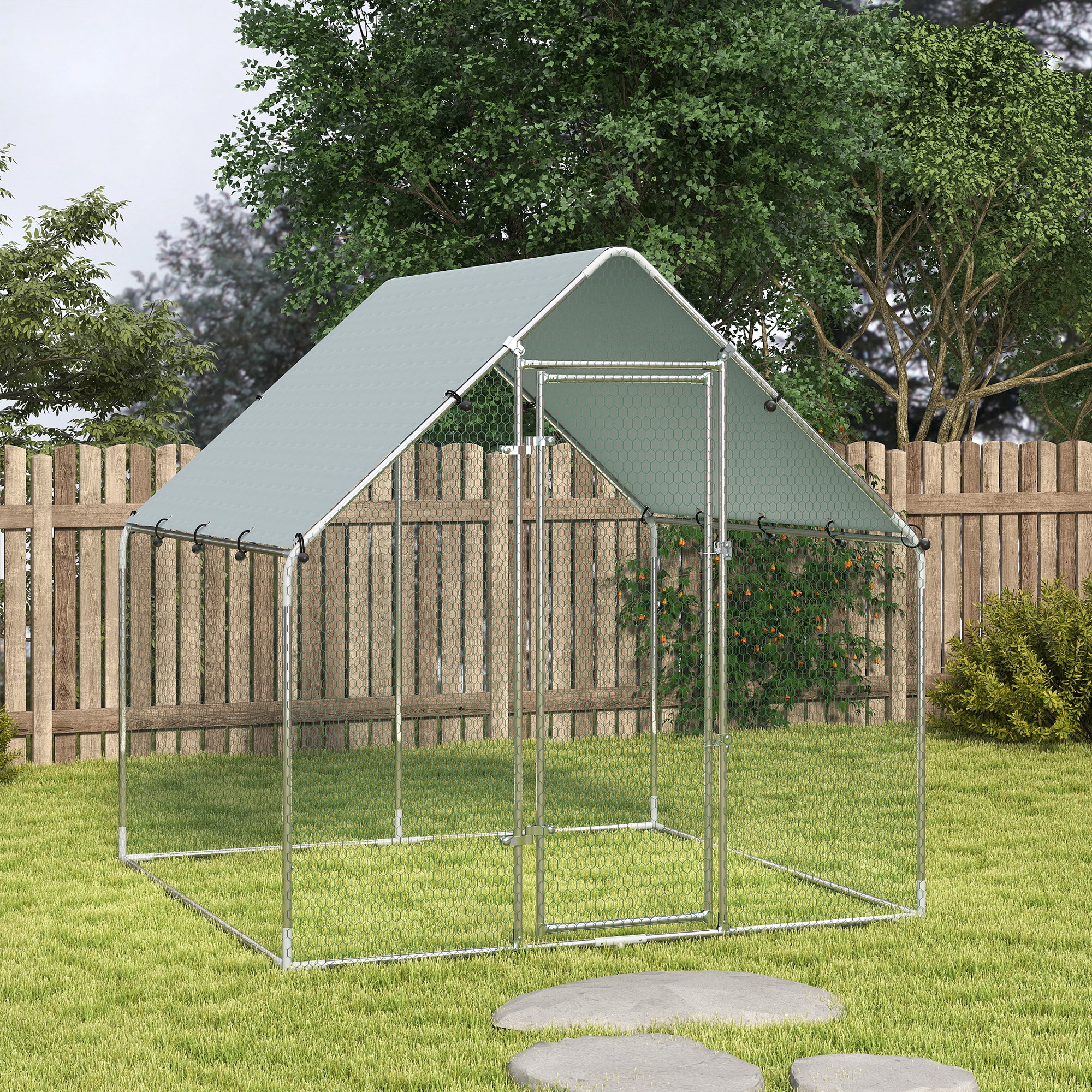 Freilaufgehege Verzinkter Stahl Hühnerstall mit wetterfester UV-Dachabdeckung abschließbarer Tür 2x2x2 m Silber