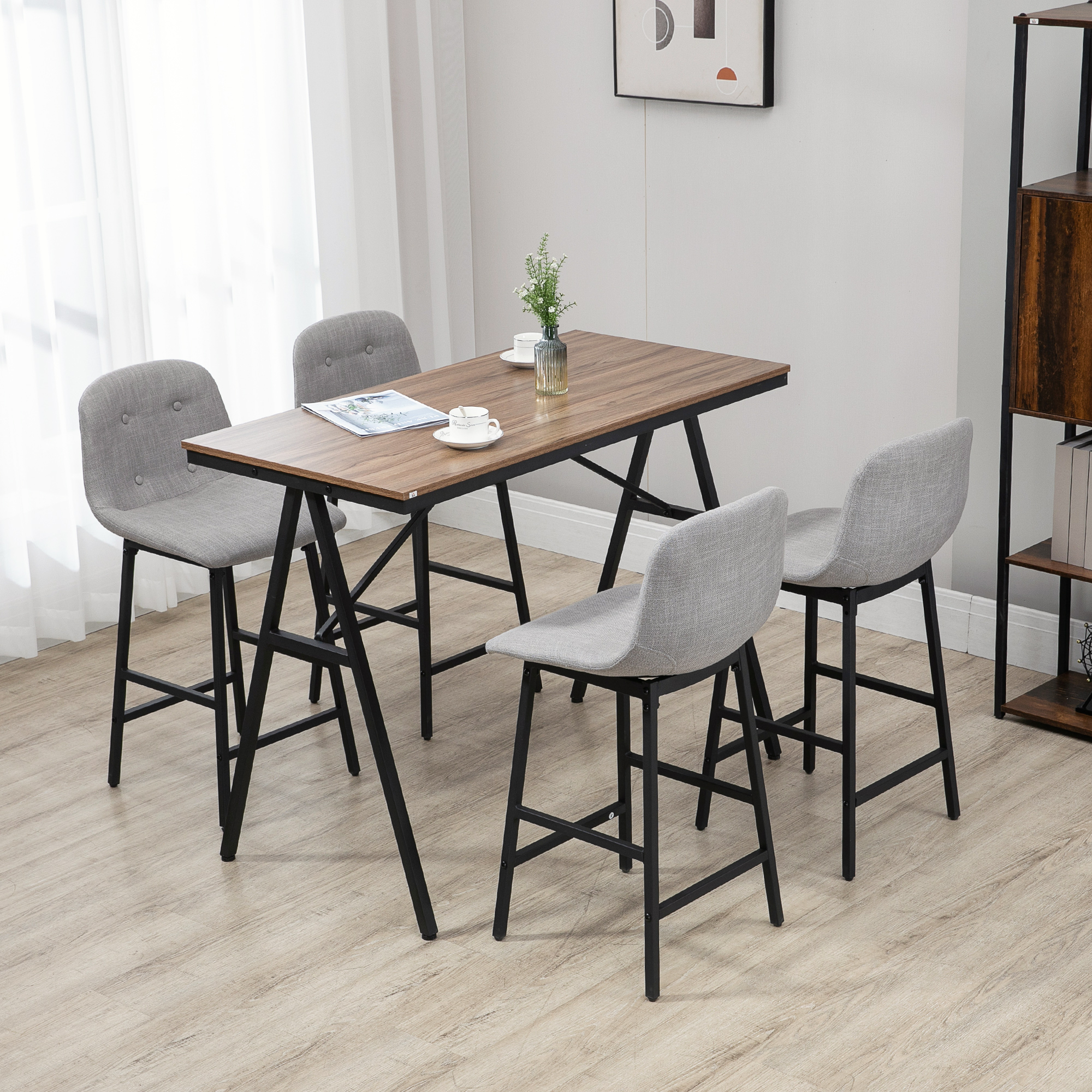 Bartisch mit Barhockern im Industrie-Design, Knopfheftung, 120 cm x 60 cm x 91 cm, Hellgrau