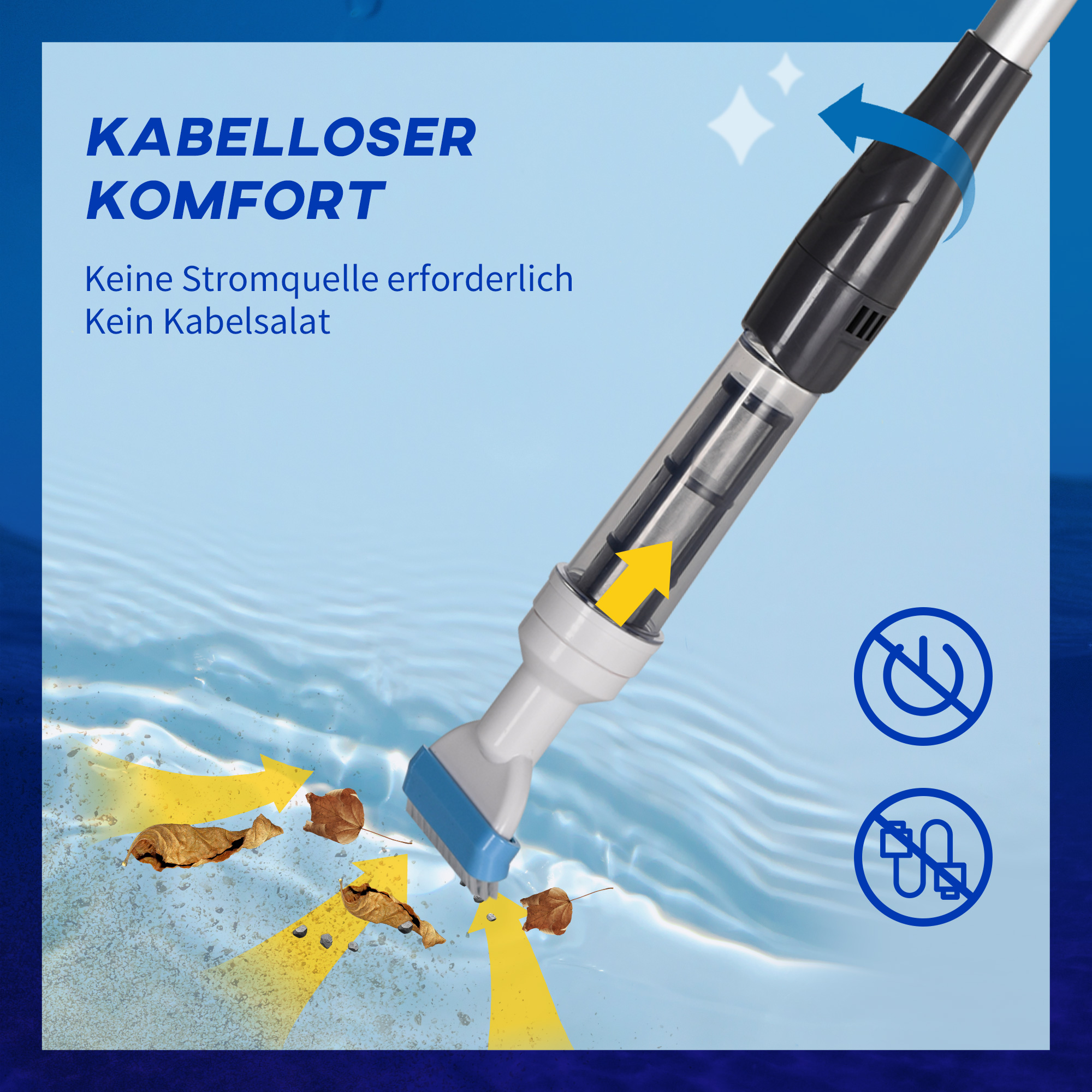 Poolsauger, kabellos, 80 Min. Betrieb, geringes Gewicht: 800g, 19L Wasser/Minute, Aluminium, ?6 x 106-162 cm