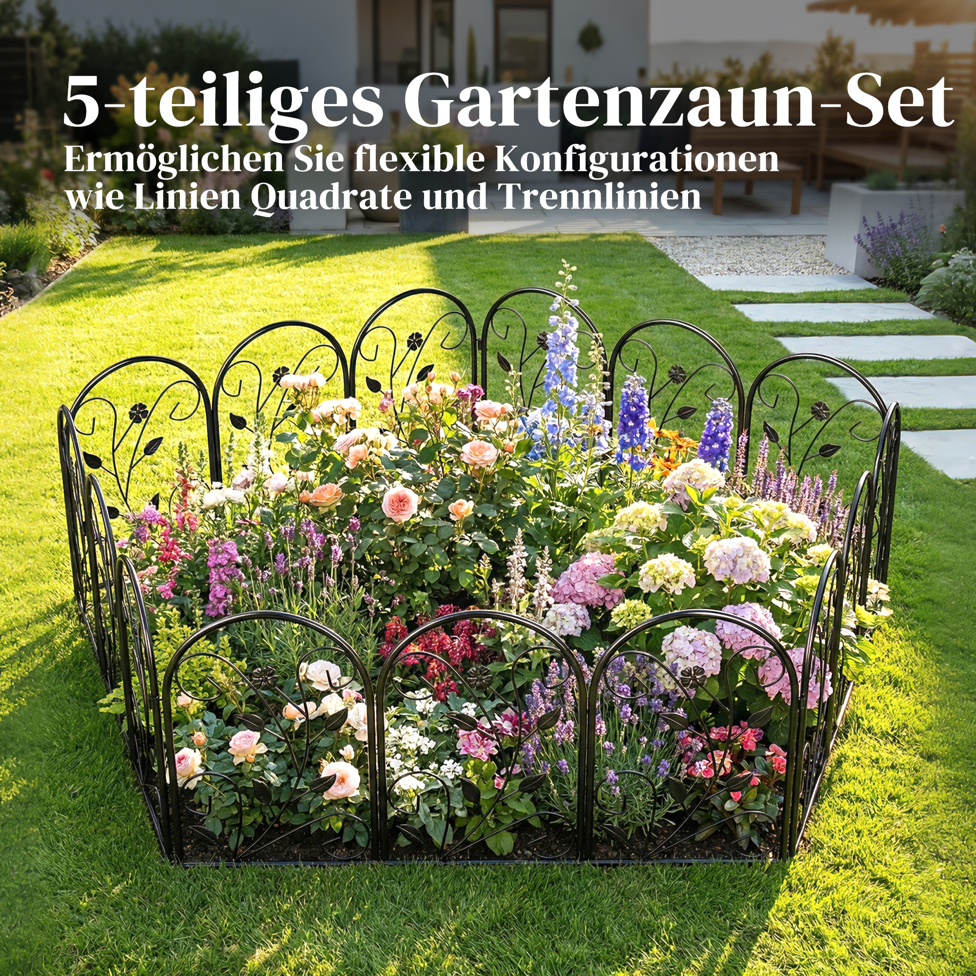 Gartenzaun Zaun aus Metall 80 x 60 cm Dekorativer Gitterzaun Set mit Fuß für Garten Blumenbeete Tierbarriere Schwarz