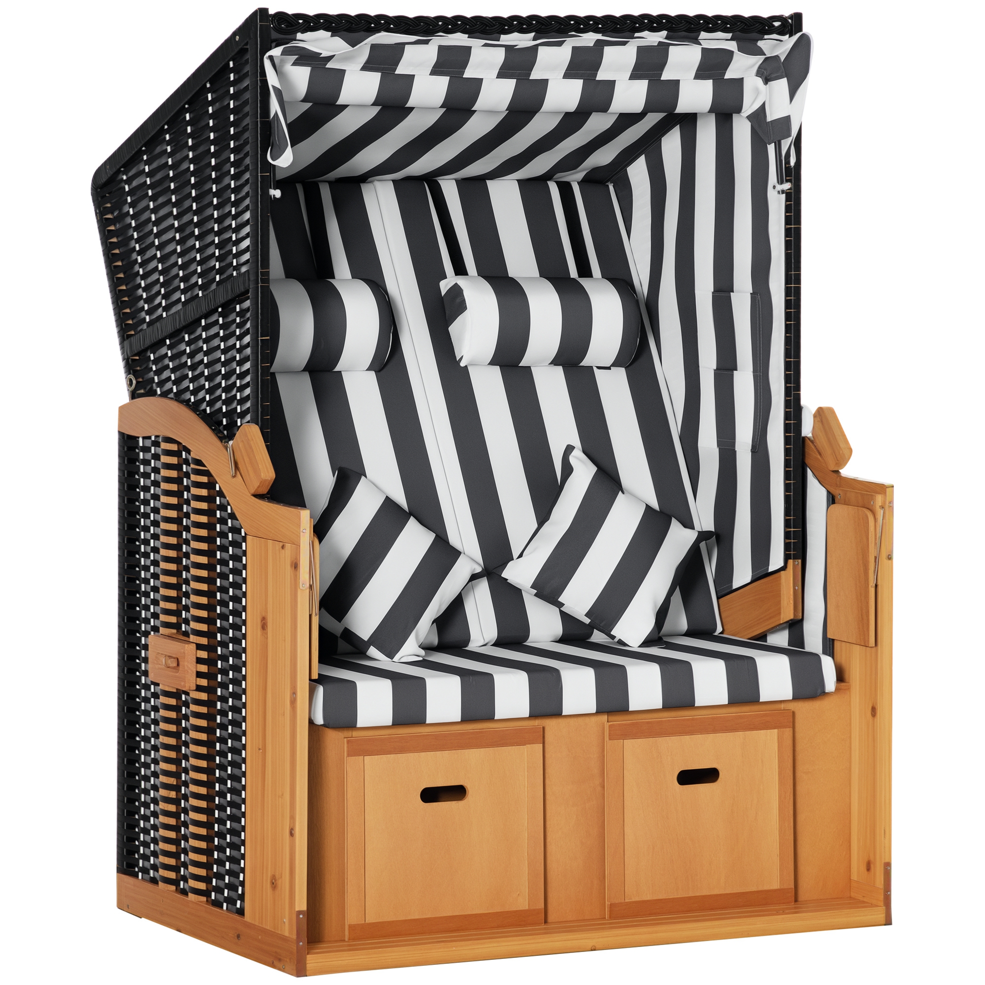 Strandkorb mit Fußstützen, Klapptisch und Nackenrollen, Outdoormöbel, Natur + Grau + Weiß