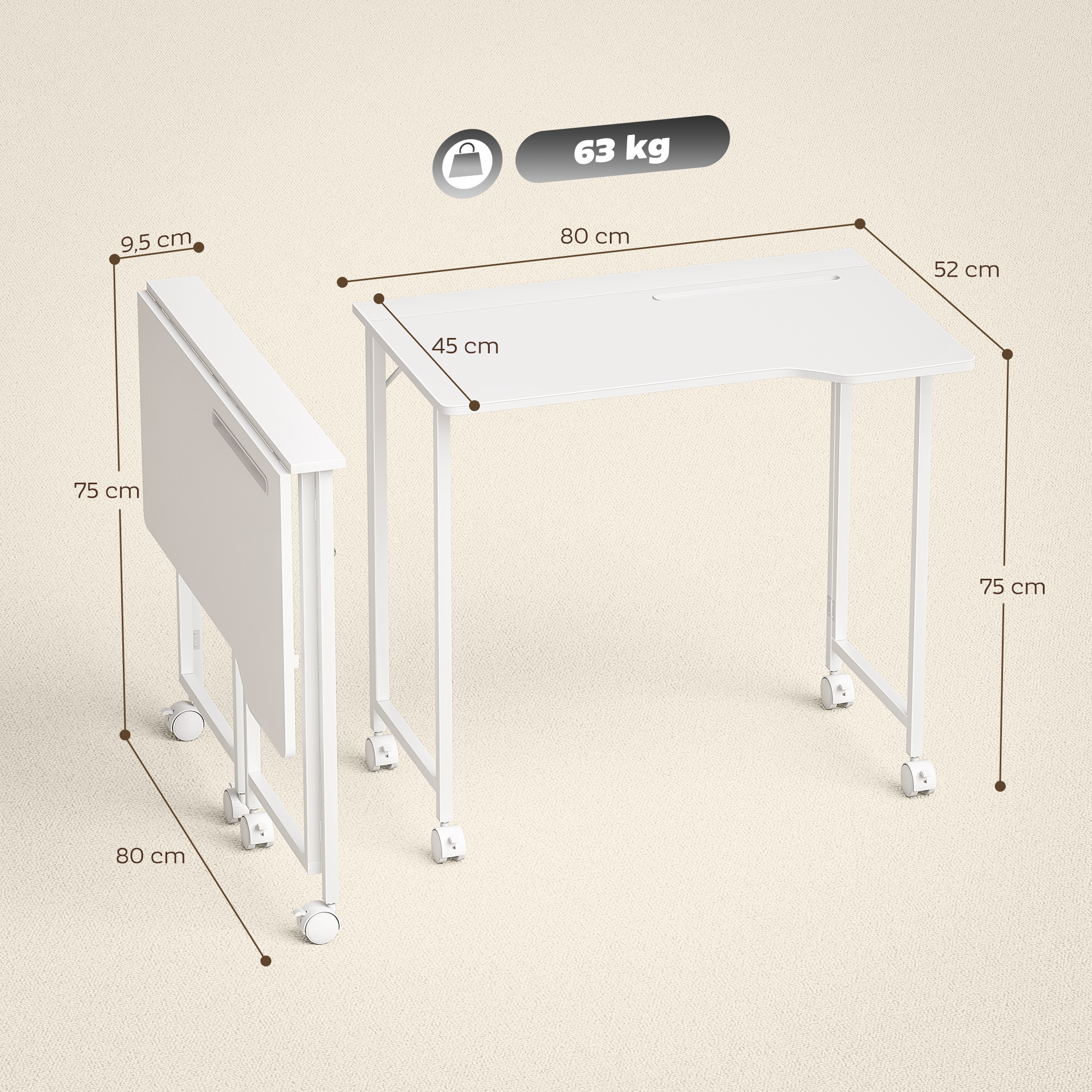 Schreibtisch, klappbarer Computertisch, platzsparender Bürotisch mit Rollen, Geräteschlitz, 80 x 52 x 75 cm, Weiß