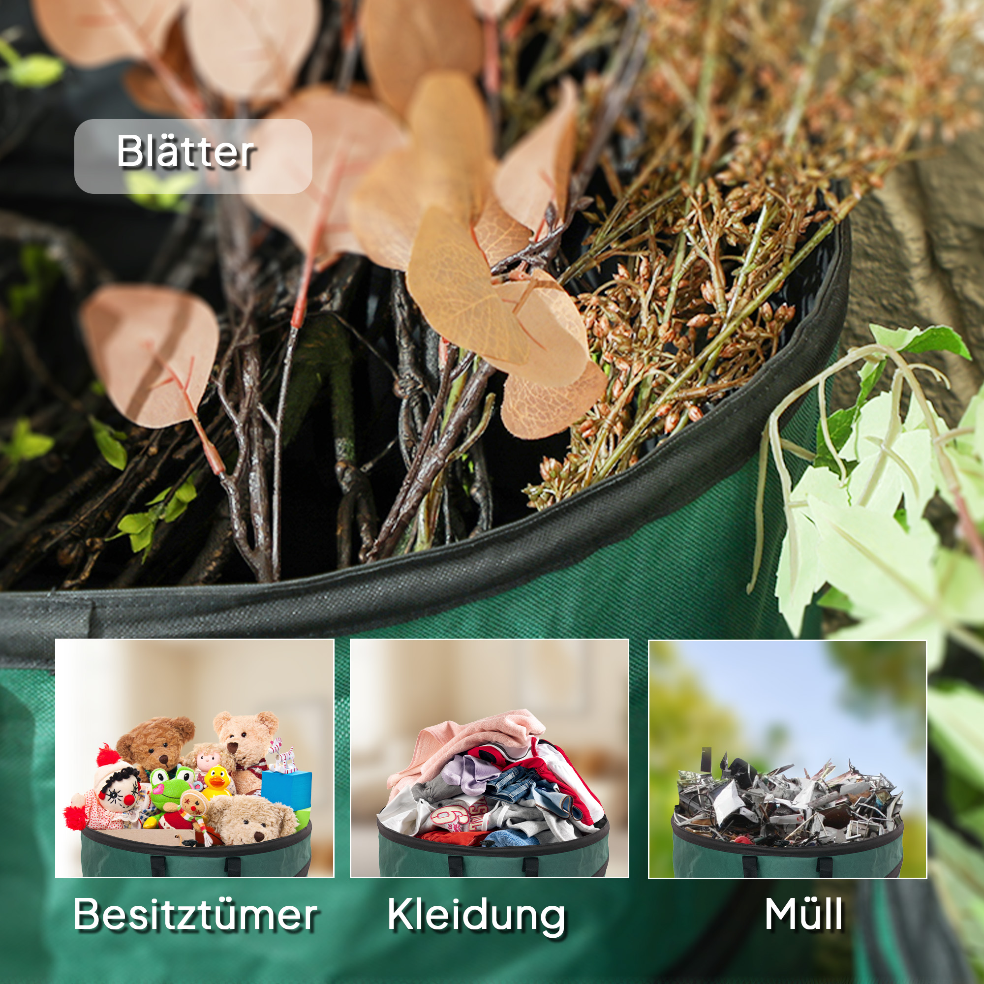 Gartensack 4x86L wasserdicht Gartenabfallsack mit Trageschlaufen Griffe, stabil robust Laubsack Grün
