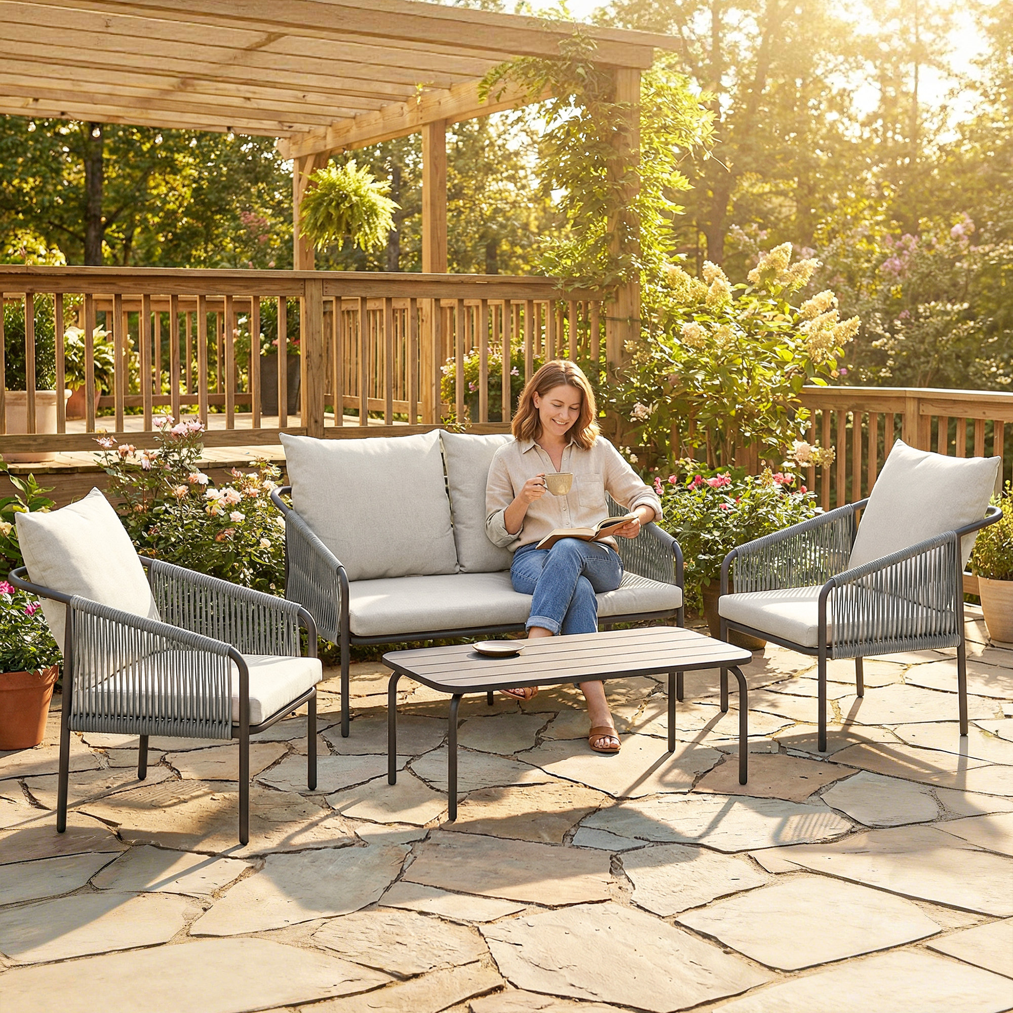 Gartenmöbel Set 4-teilig Polyrattan Lounge-Set mit Zweisitzer 2 Sessel Couchtisch abnehmbar Kissen Bindebändern