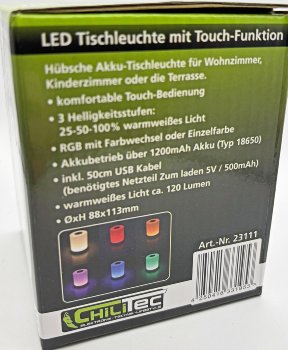 LED Akku-Tischleuchte mit Touch-Funktion / Höhe 113mm, Warmweiß + RGB