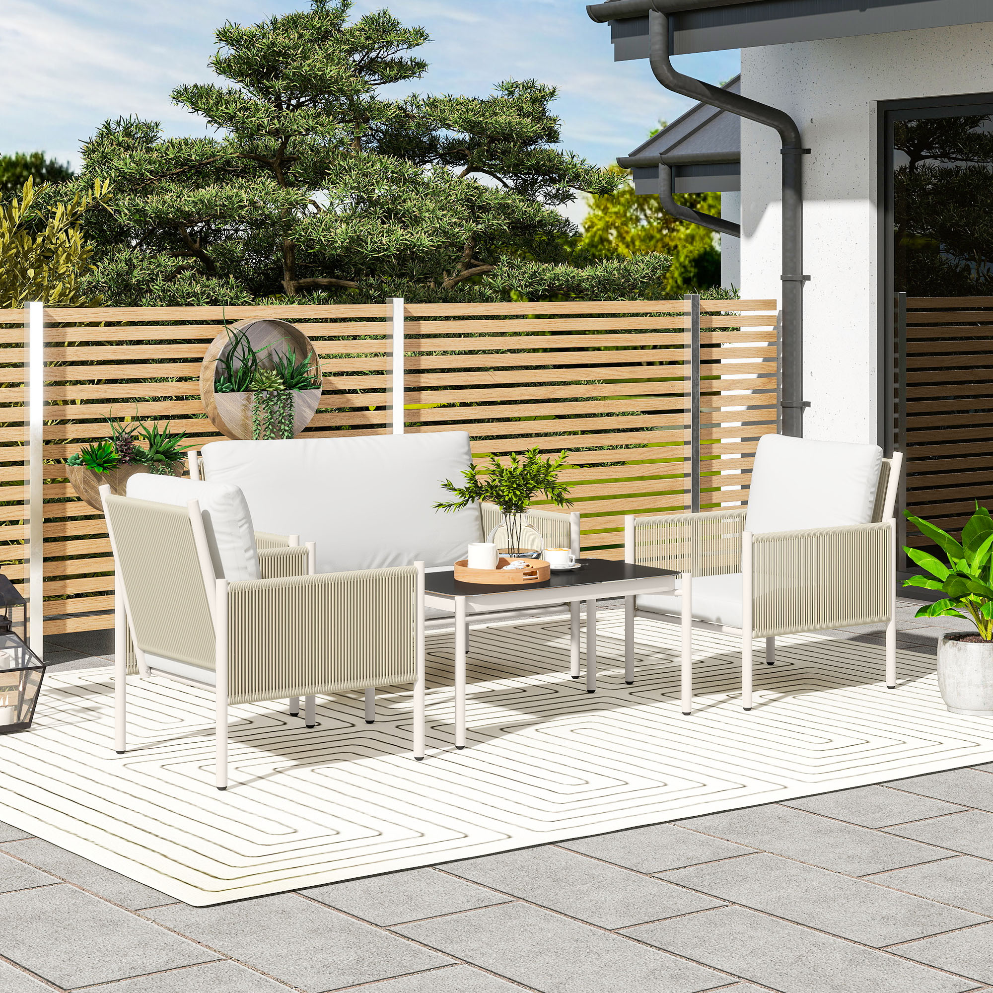 Gartenmöbel Set aus Polyrattan Lounge-Set mit 2er Sofa Sessel Glastisch Kissen 4 Personen Braun+Grau