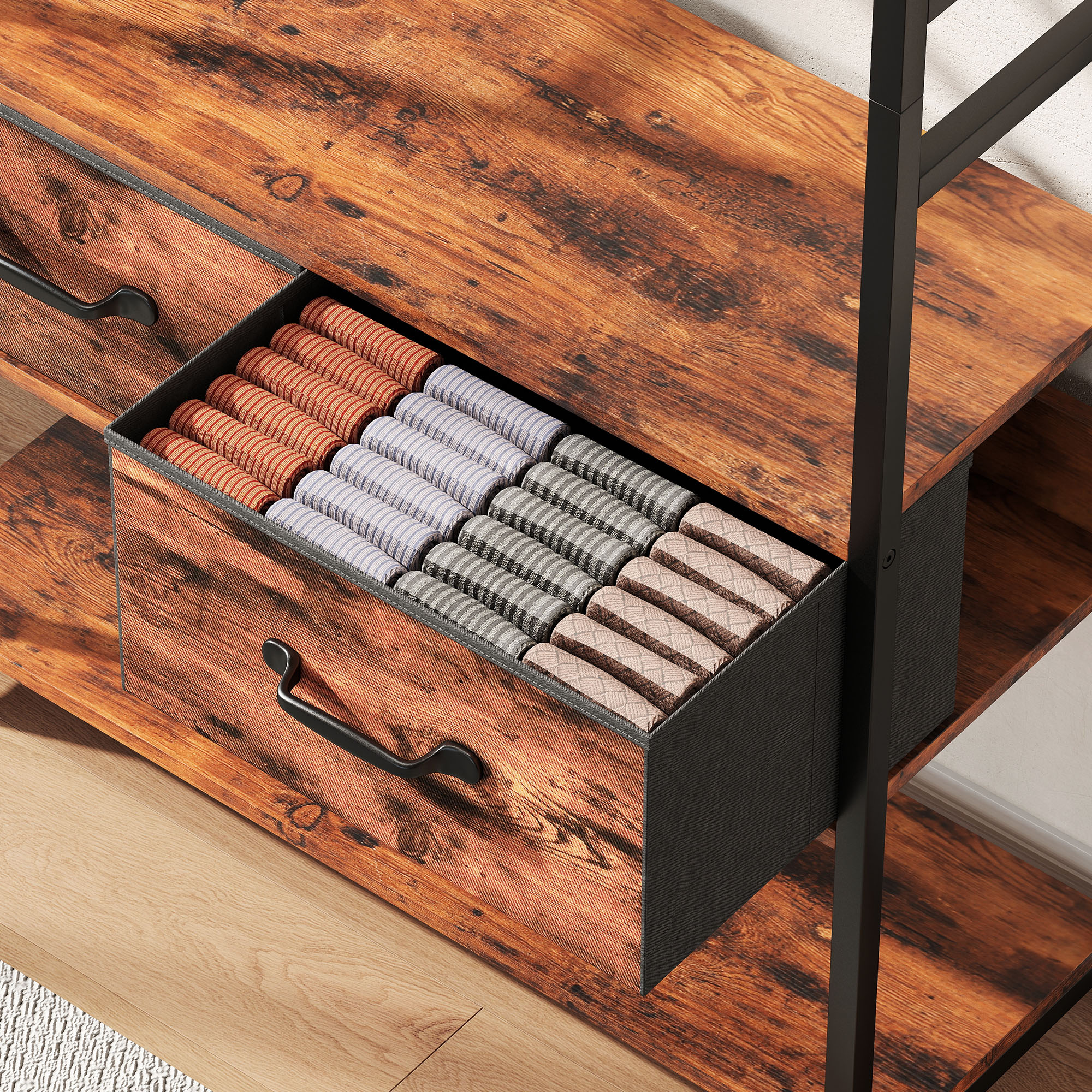 Garderobe mit Schuhregal, Mantelständer mit Sitzbank, 10 Haken, 2 Stoffschubladen, Kleiderstange, Spanplatte, Metall, Braun