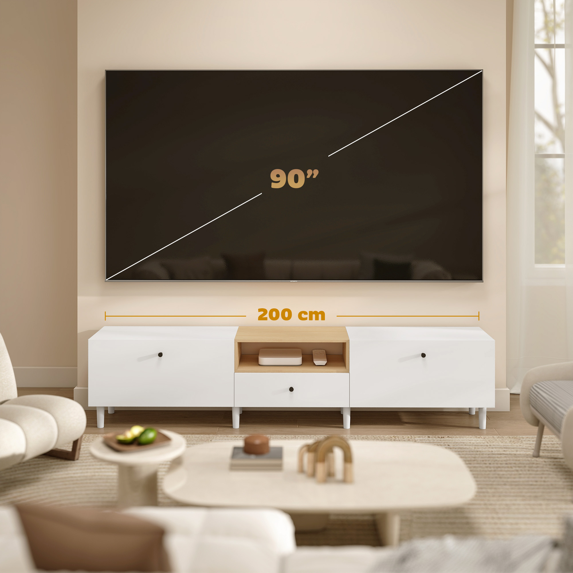 200 cm TV-Kommode für Fernseher bis zu 90 Zoll, 2 Klappenfächer, offenes Fach, Schublade, 8 Beine, Spanplatte, Weiß