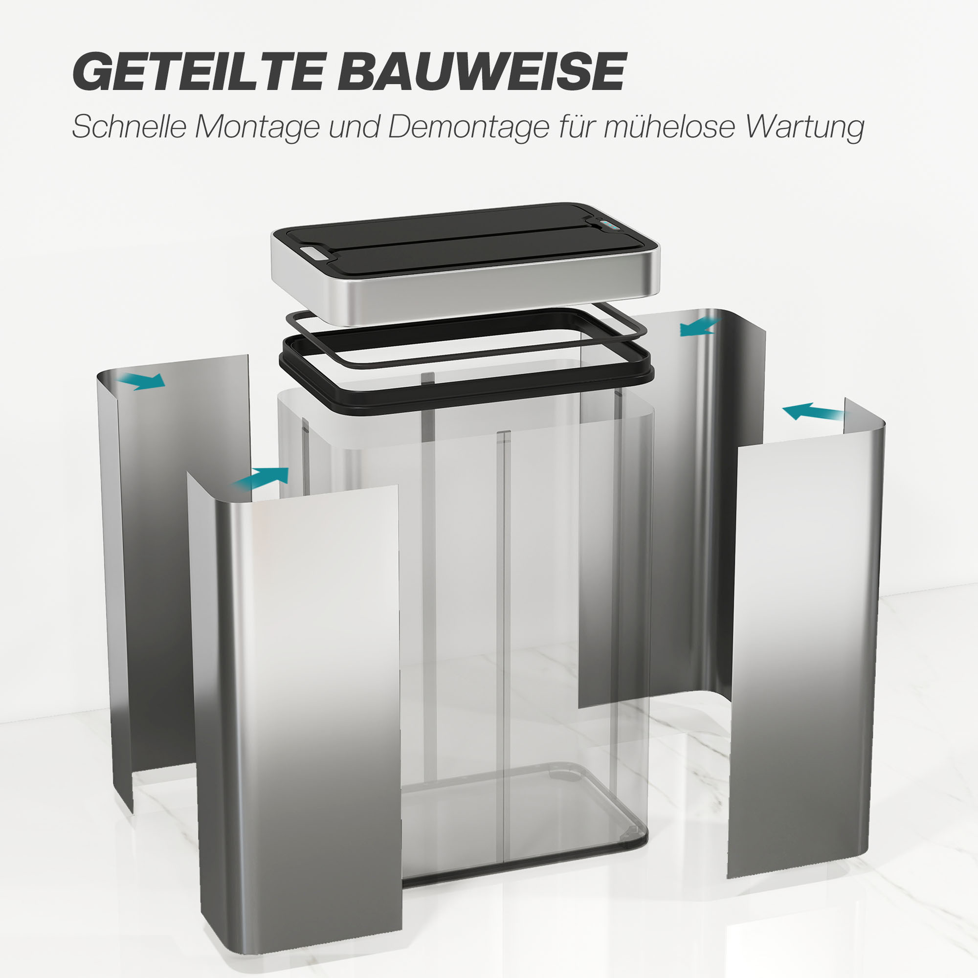 Sensor-Mülleimer, 55 L Kapazität, Schmetterlingsdeckel, öffnet automatisch, Edelstahl, Silberfarben