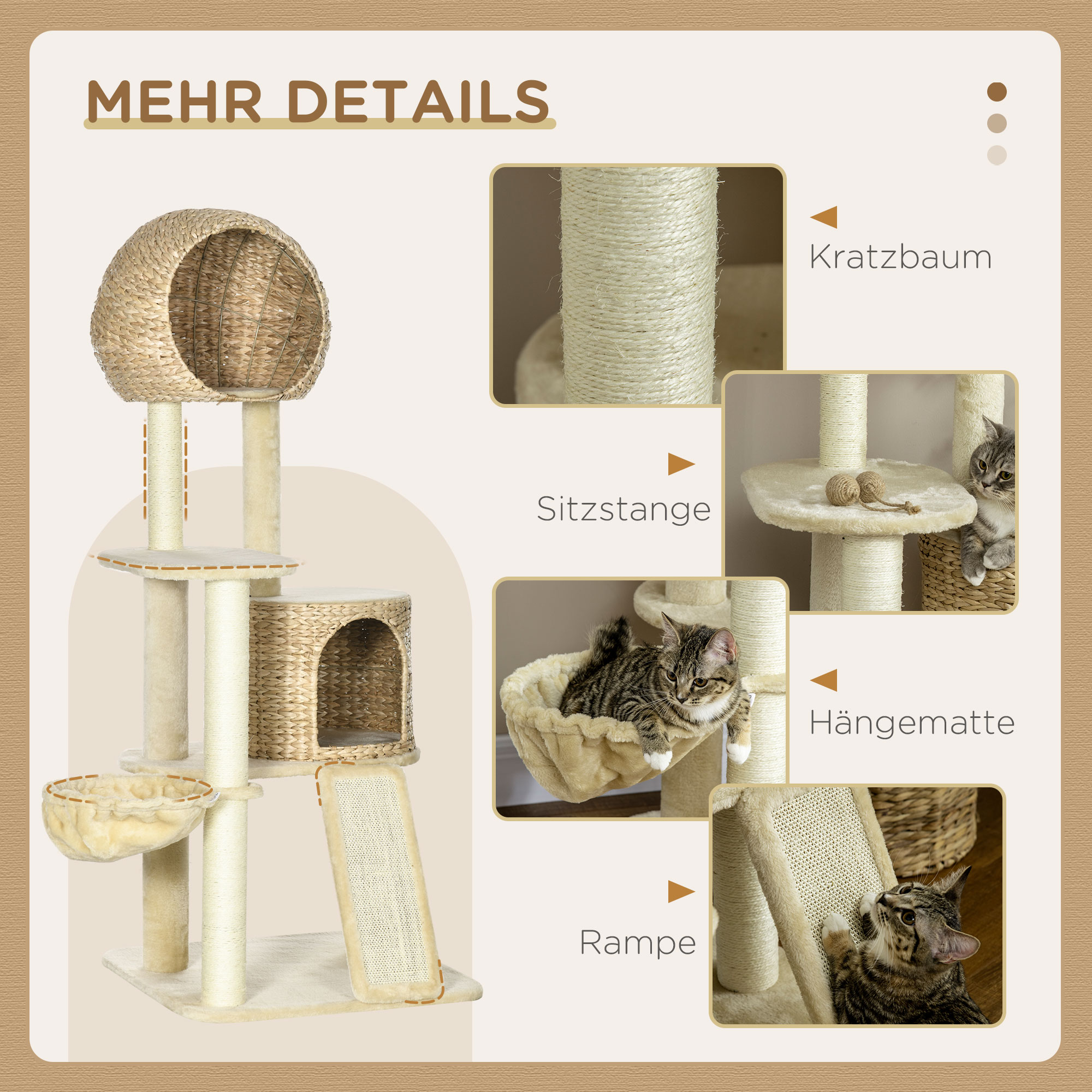 Kratzbaum, mit Katzenhaus, mehrere Plattformen, Hängematte, Kratzmatte, Kippschutz, beige, 60 x 60 x 150cm