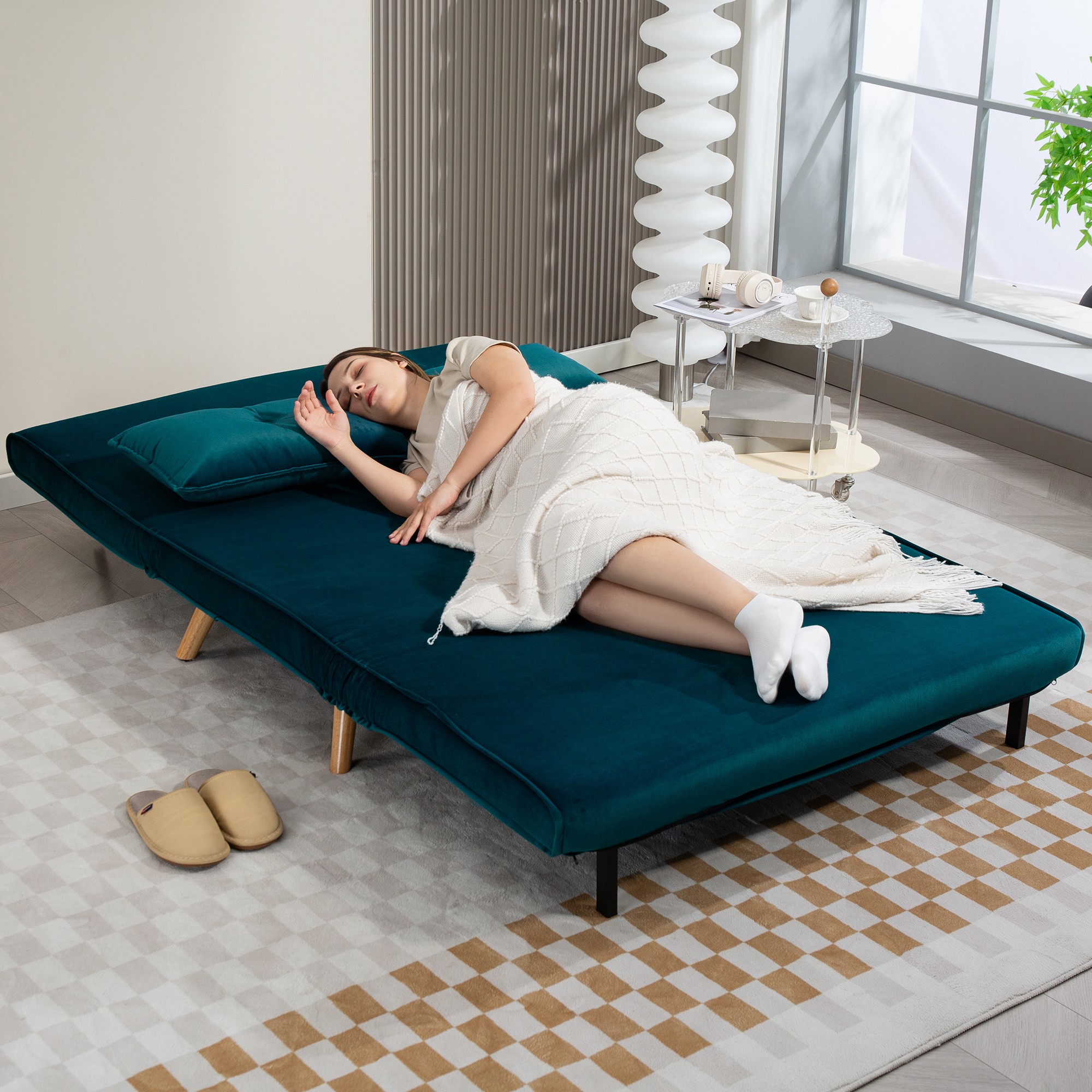 2-Sitzer-Schlafsofa, Bettsofa, in Bett umwandelbare Couch, verstellbare Rückenlehne, Stoffbezug, Metallrahmen, Grün