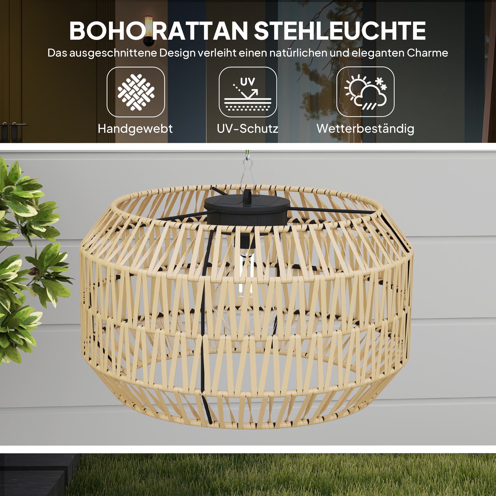 Solar Stehlampe Rattan Solarlampen mit Lichtsensor Automatische Solarleuchte im Boho-Stil IP44 Schwarz+Gelb