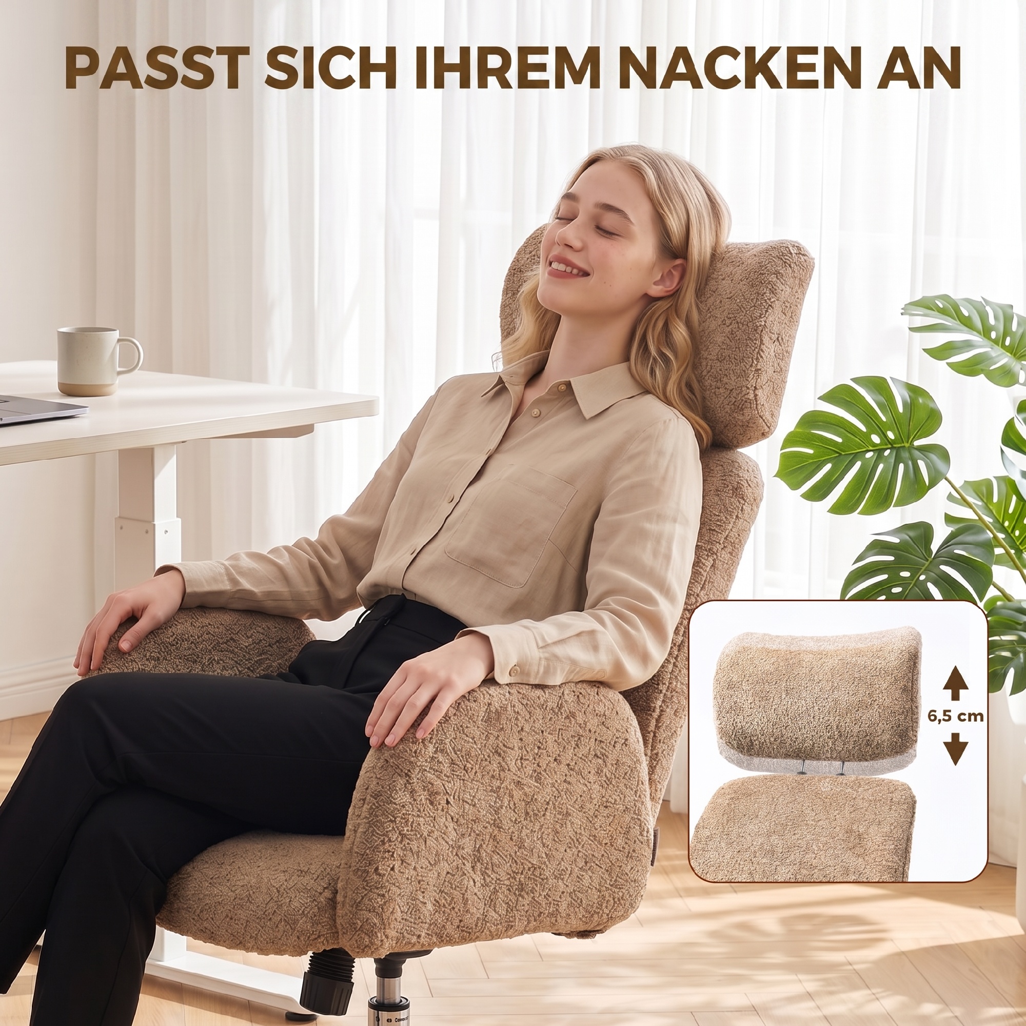 Bürostuhl mit verstellbarer Kopfstütze, ergonomischer Schreibtischstuhl, Kippfunktion, höhenverstellbar, Braun