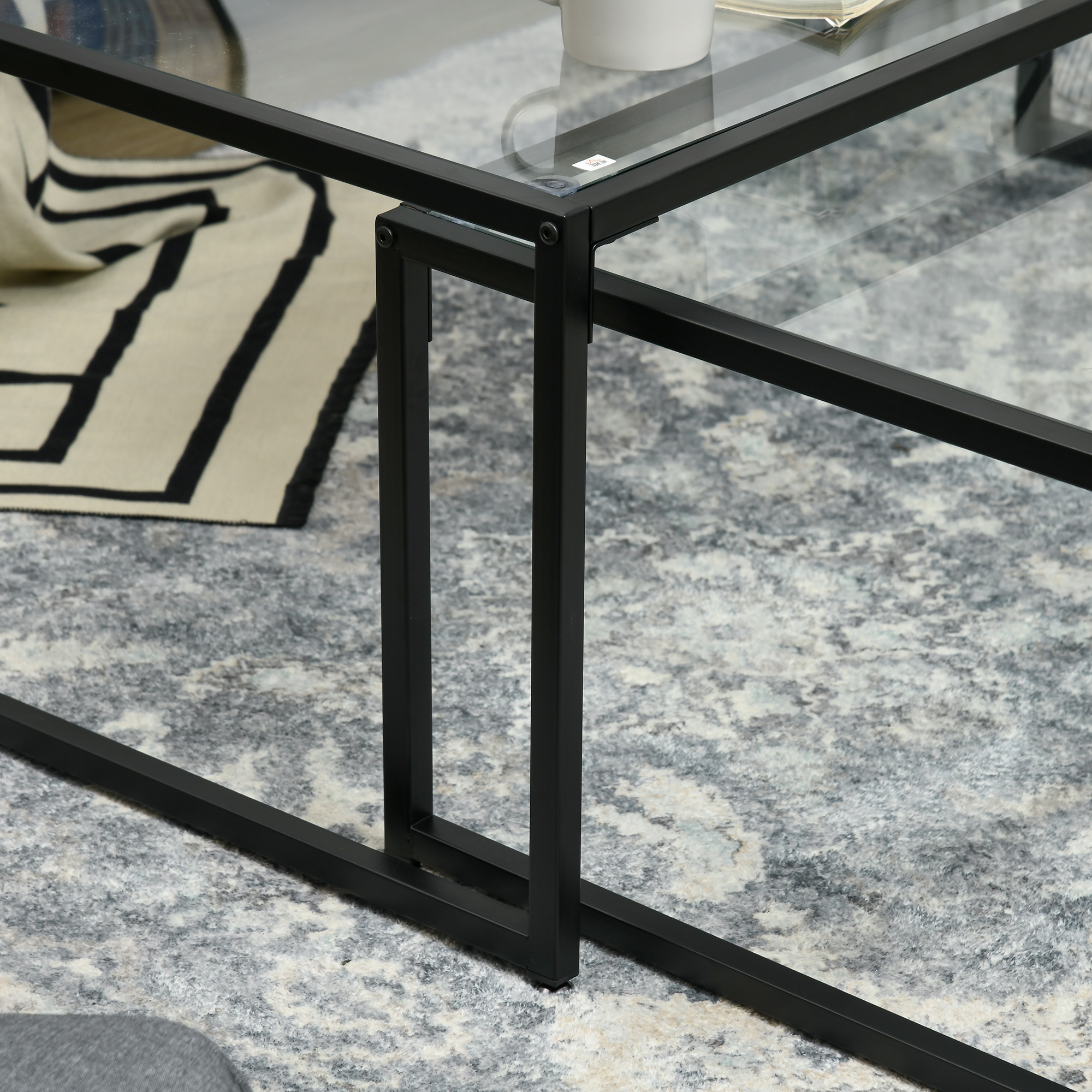2er-Set Couchtische, Glastische, mit pulverbeschichtetem Stahl, Schwarz + Transparent
