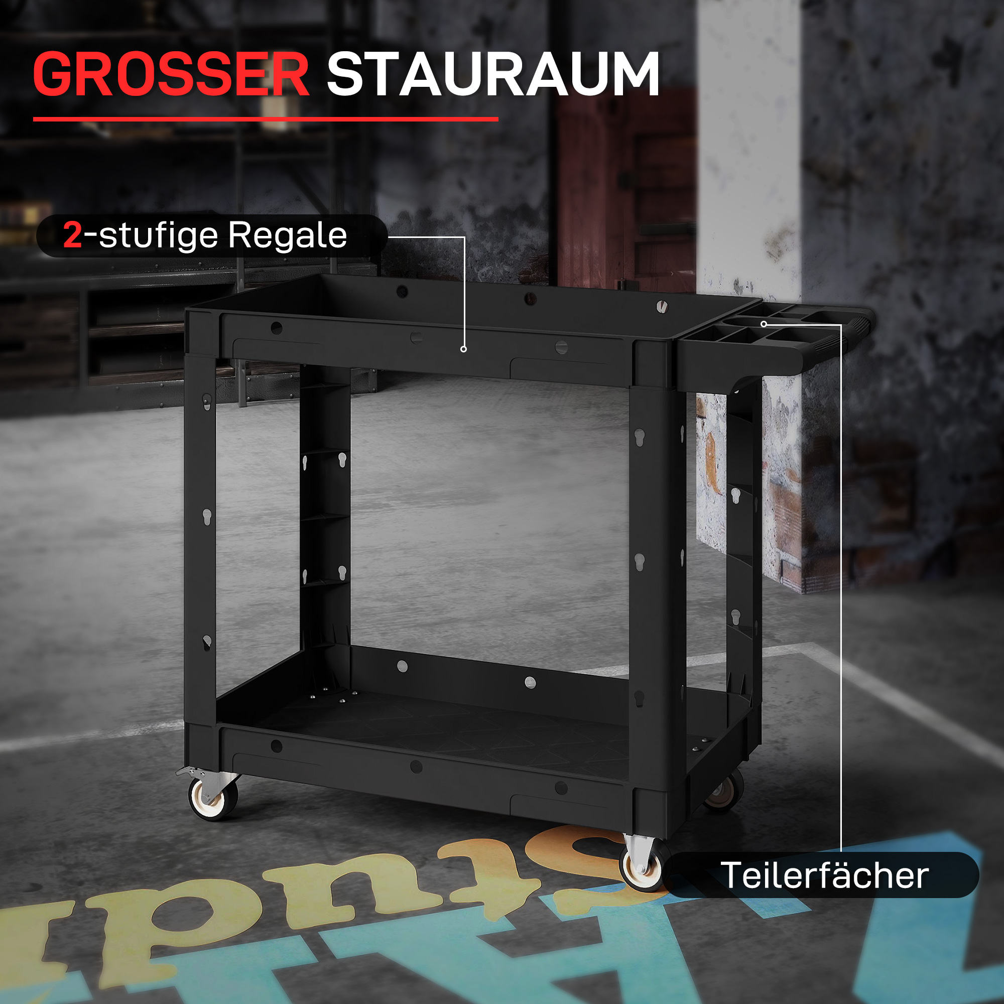 Werkzeugwagen, 2-stöckige Ablagen, Griff, Räder, Kunststoff, Schwarz