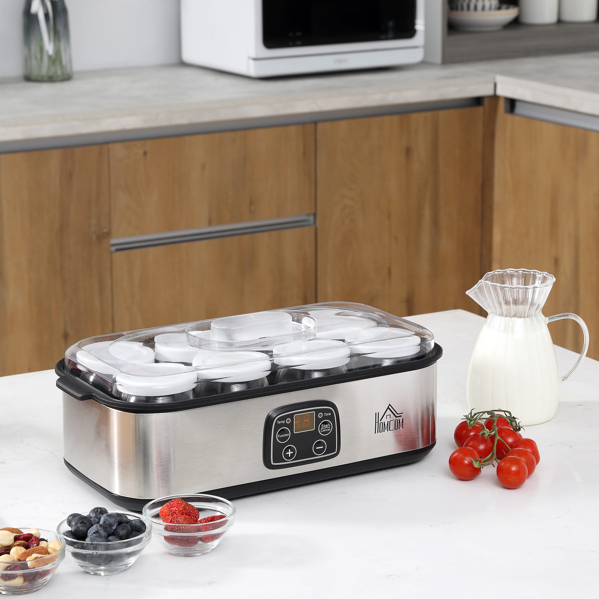 Joghurtbereiter, griechische Joghurtmaschine mit Deckel, 8 BPA-freier Glas-Innenbehälter à 180 ml, Joghurt Maker mit LCD Display Timer, für bis zu 1,4 Liter Joghurt 25 W Silber