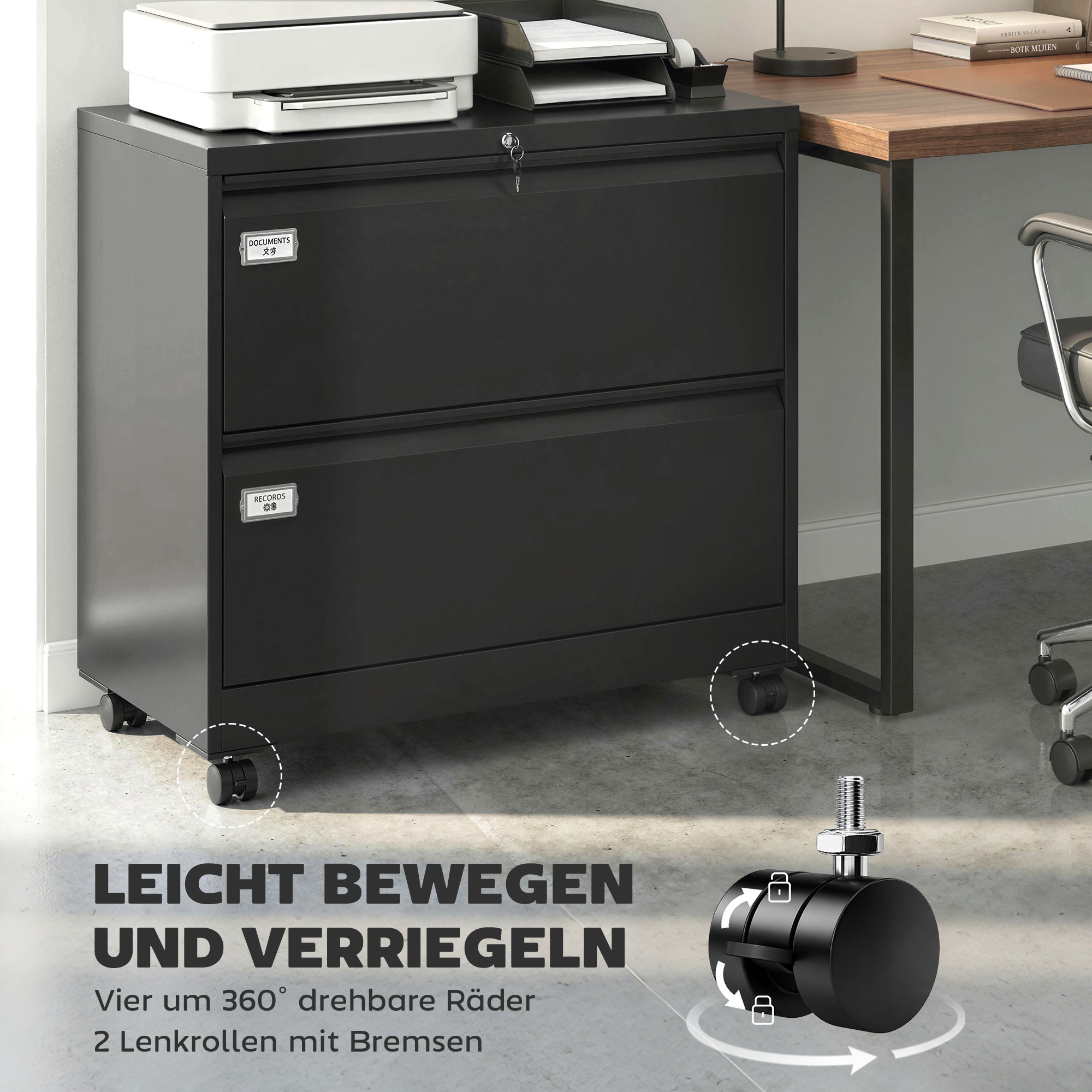 Rollcontainer mit 2 Schubladen abschließbar Aktenschrank mit verstellbarem Hängeregistratur 90 x 40 x 77,4 cm Schwarz