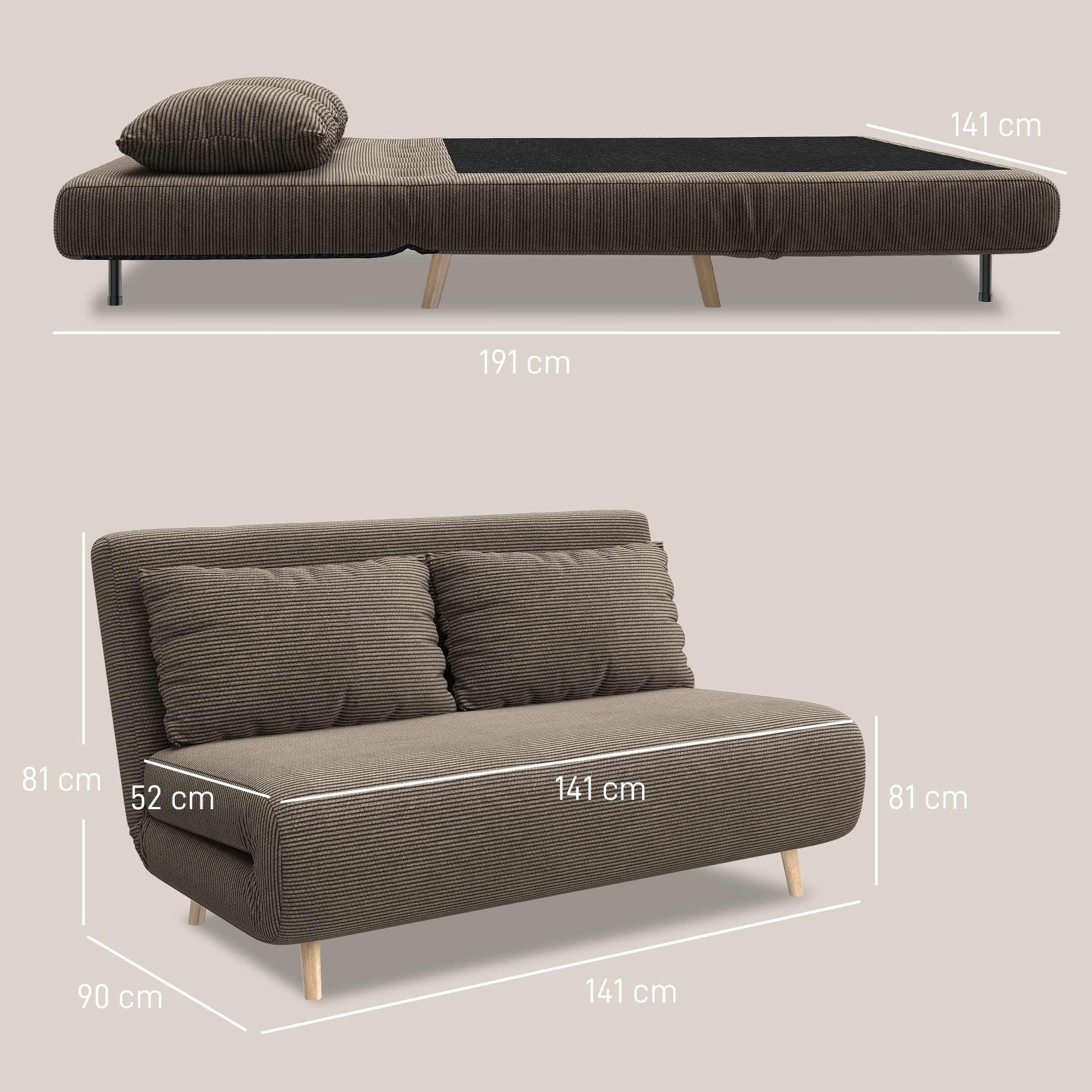 Schlafsofa, Gästebett, 3-fach verstellbare Rückenlehne, Kordoptik, bis 120 kg, 141 x 90 x 81 cm, Dunkelbraun