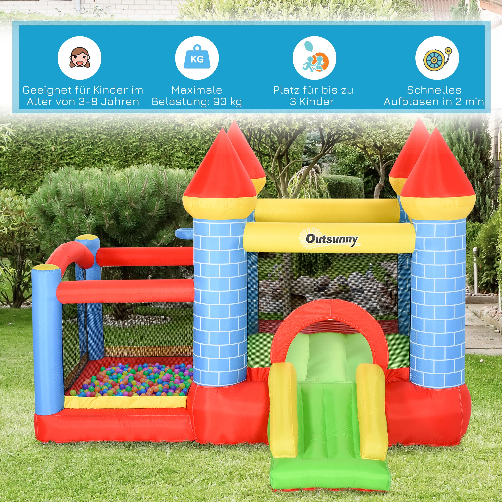 Aufblasbare Hüpfburg mit Rutsche Pool für 3 Kinder Burg mit Gebläse für 3-8 Jahre Rot+Blau+Grün 280 x 260 x 210 cm