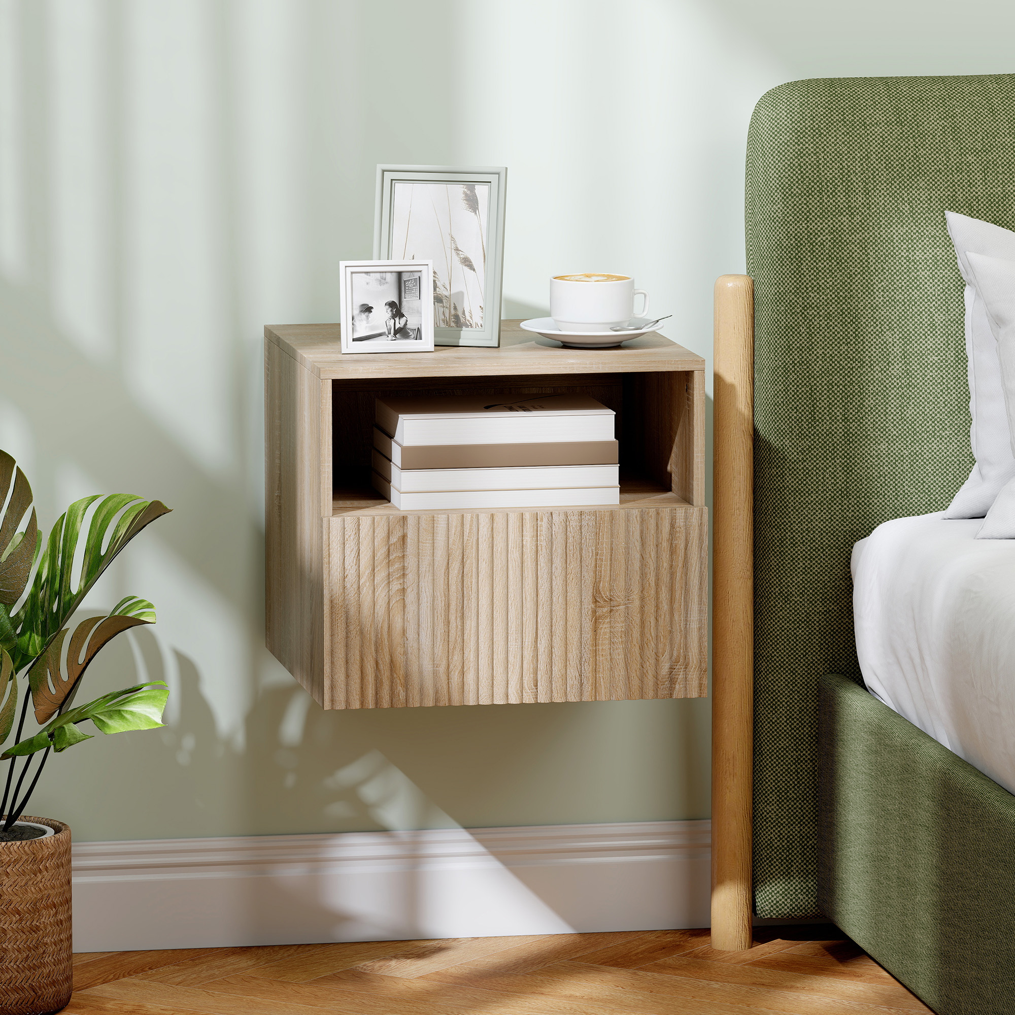 Nachttisch, griffloses Design, offenes Fach, Schublade, Wandmontage, Hellbraun