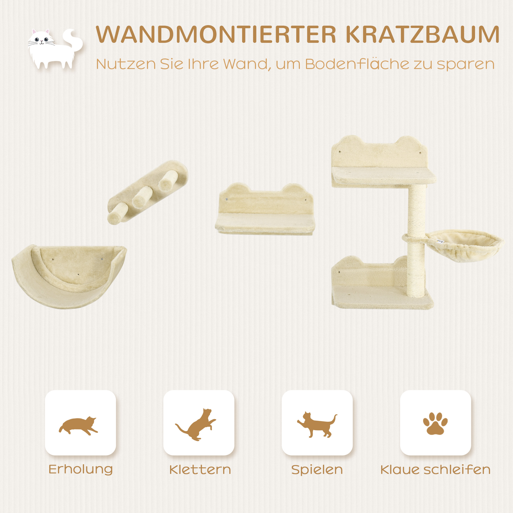 Kletterwand-Set für Katzen, 4-teilig, mit Katzentreppe, Hängematte, Plattform und Kratzbaum, Beige