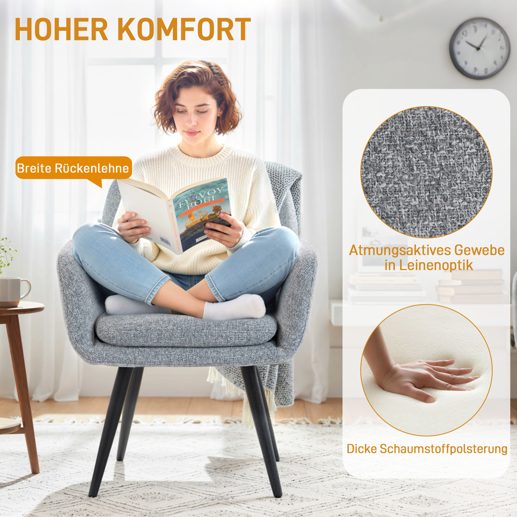 Moderner Akzentstuhl, Polsterstuhl mit Metallbeinen, Leinenoptik, Hellgrau