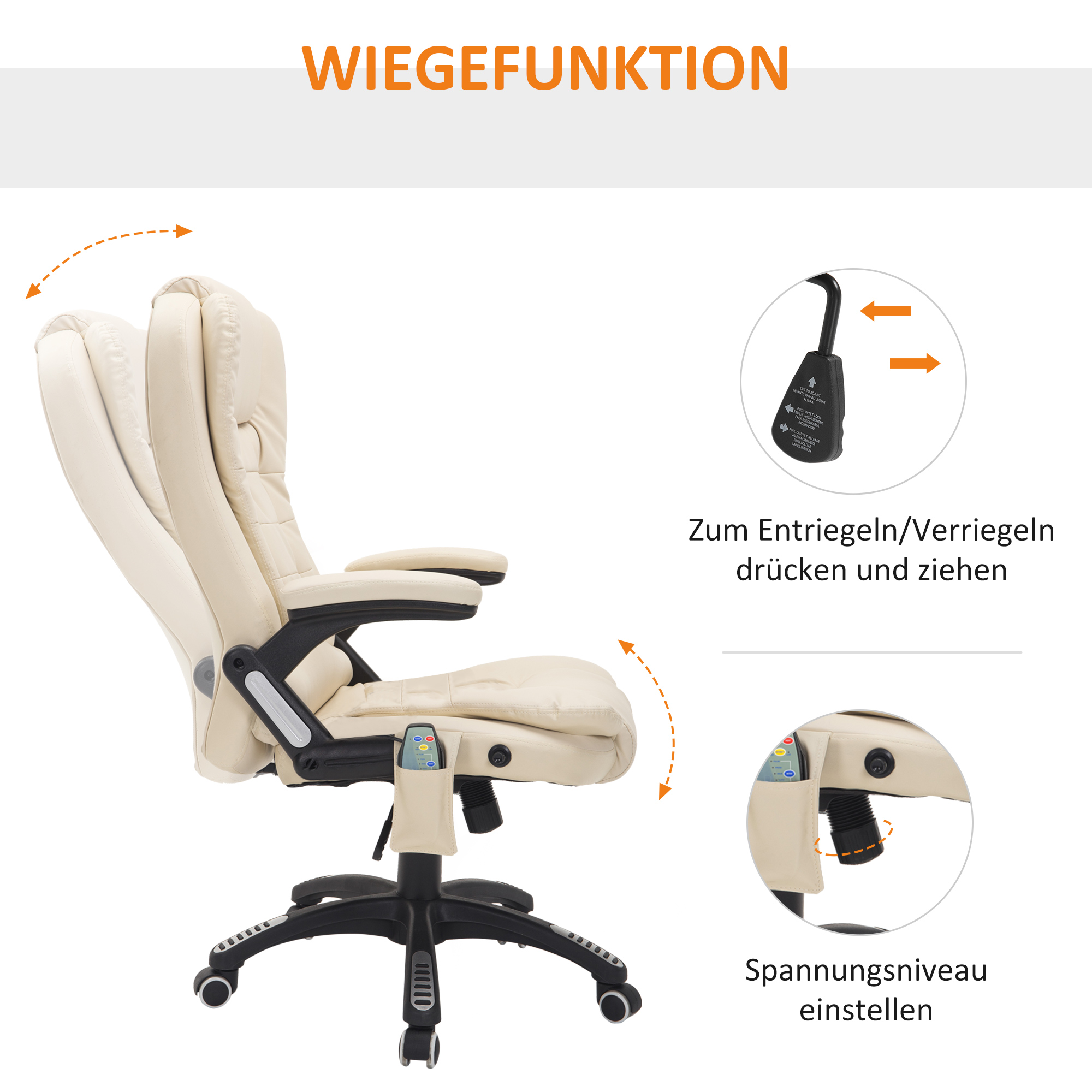Bürostuhl mit Massagefunktion, Wärmefunktion, höhenverstellbar, Kippfunktion, Massage-Bürostuhl, Cremeweiß + Schwarz