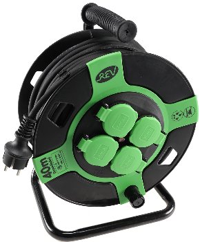 Kunststoff-Kabeltrommel, 40m Kabel, IP44, H05RR-F 3G1,5mm², schwarze Gummileitung