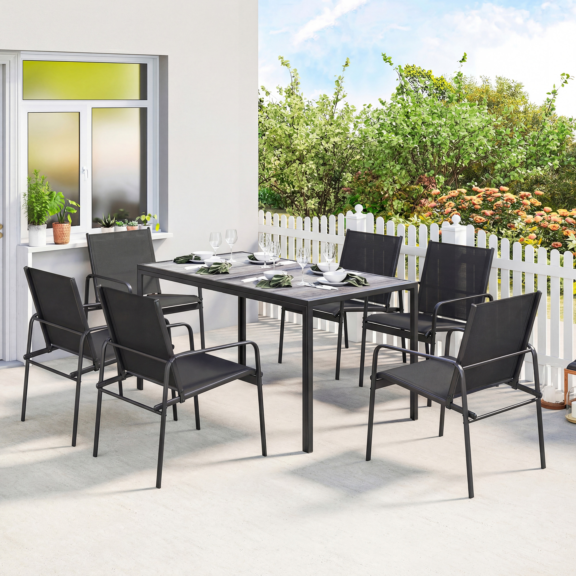 Gartenmöbel Set Sitzgruppe 150 x 80cm Tisch mit 6 Atmungsaktiven Stühlen Holzoptik Stahlrahmen Schwarz