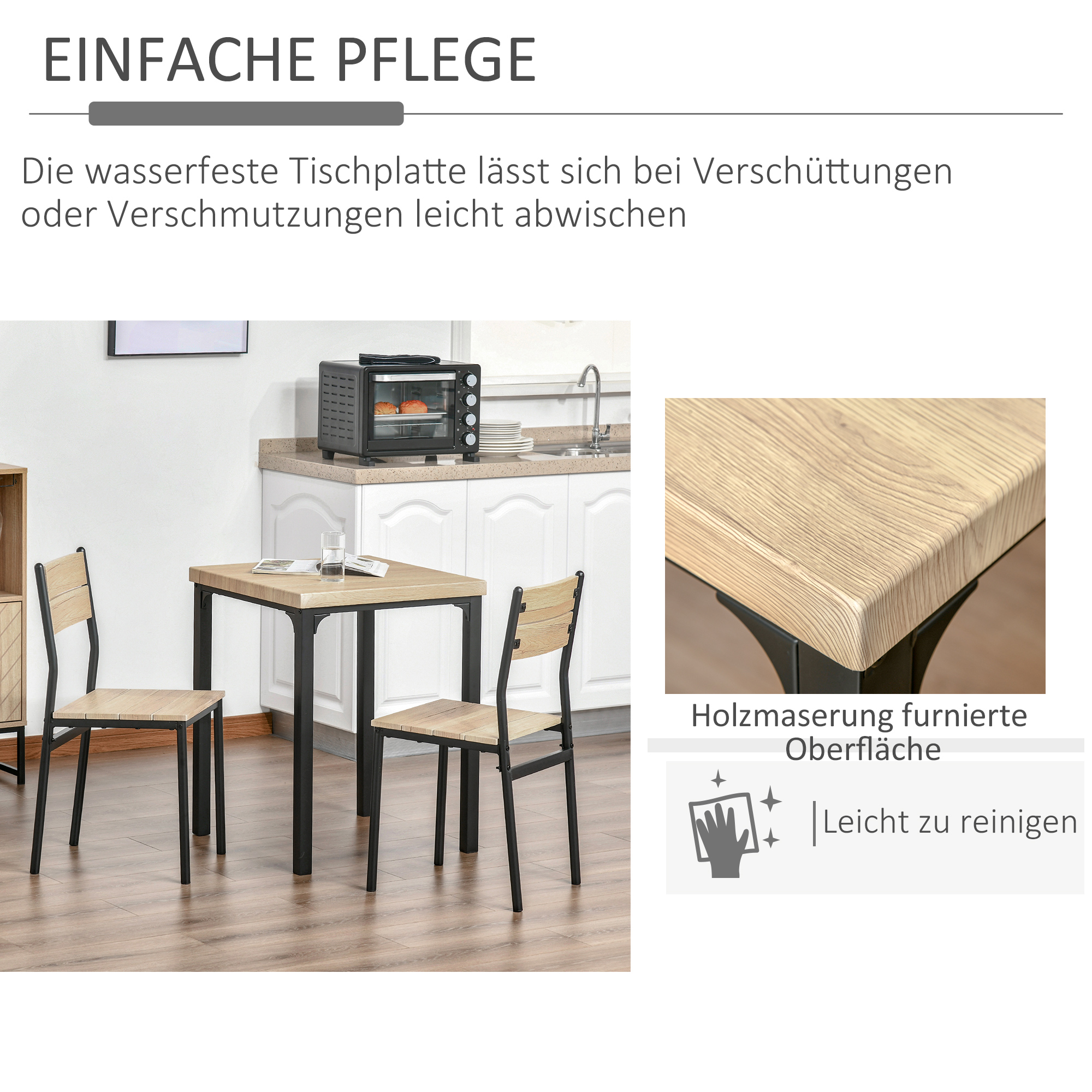 3-teilige Esstisch Küchentisch mit Stühlen Set Naturholzmaserung + Schwarz mit 1 Tisch + 2 Stühlen