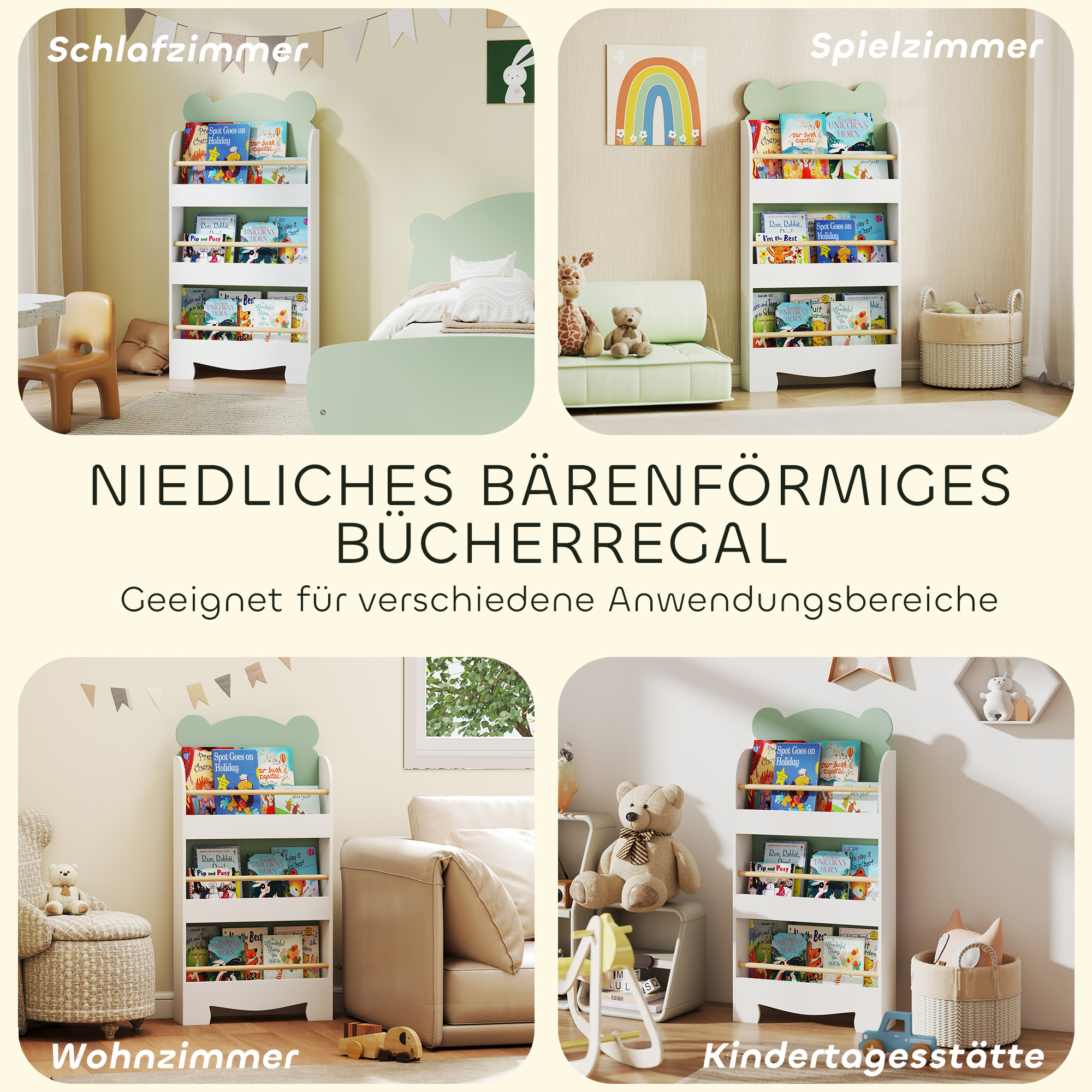 Bücherregal Kinder, 3-stufiges Kinderregal mit Bärenthema für Bücher Spielzeug Kinderzimmer, 55 x 15 x 110 cm, Grün