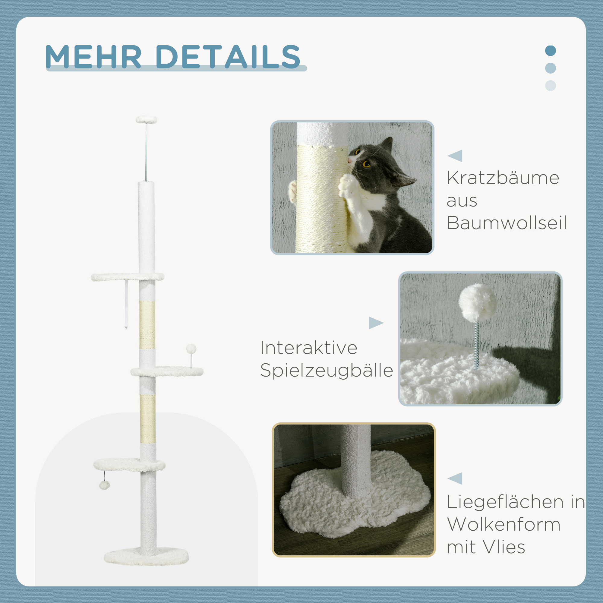 Deckenhoher Kratzbaum, variable Höhe 2,25-2,55 m, Sitzplattformen, Kippschutz, Spielbälle, weiß