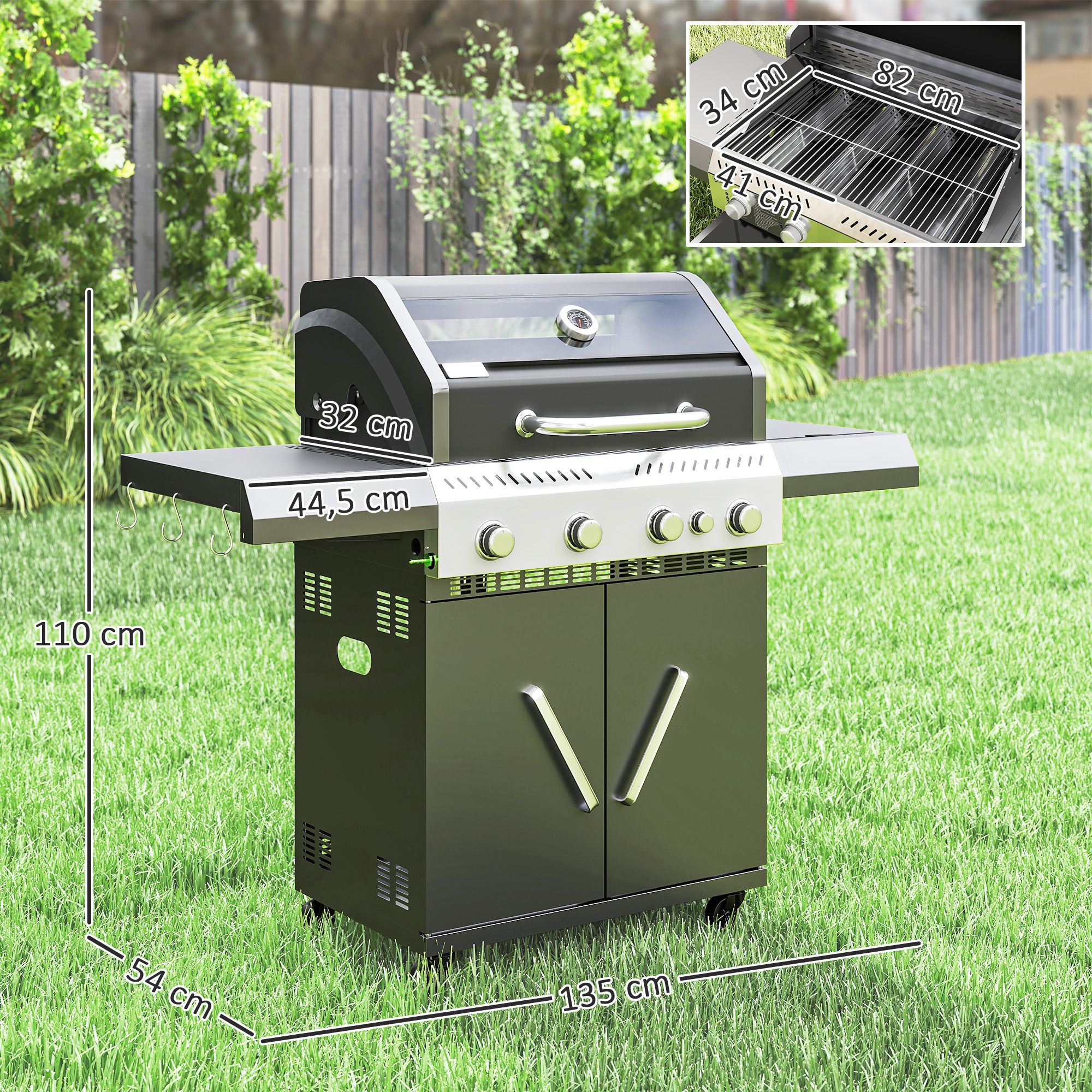 Gasgrill 12 KW Grillwagen inkl 5 Brenner Seitenkocher Rolle Deckel Thermometer Seitenablagen 135 x 54 x 110 cm