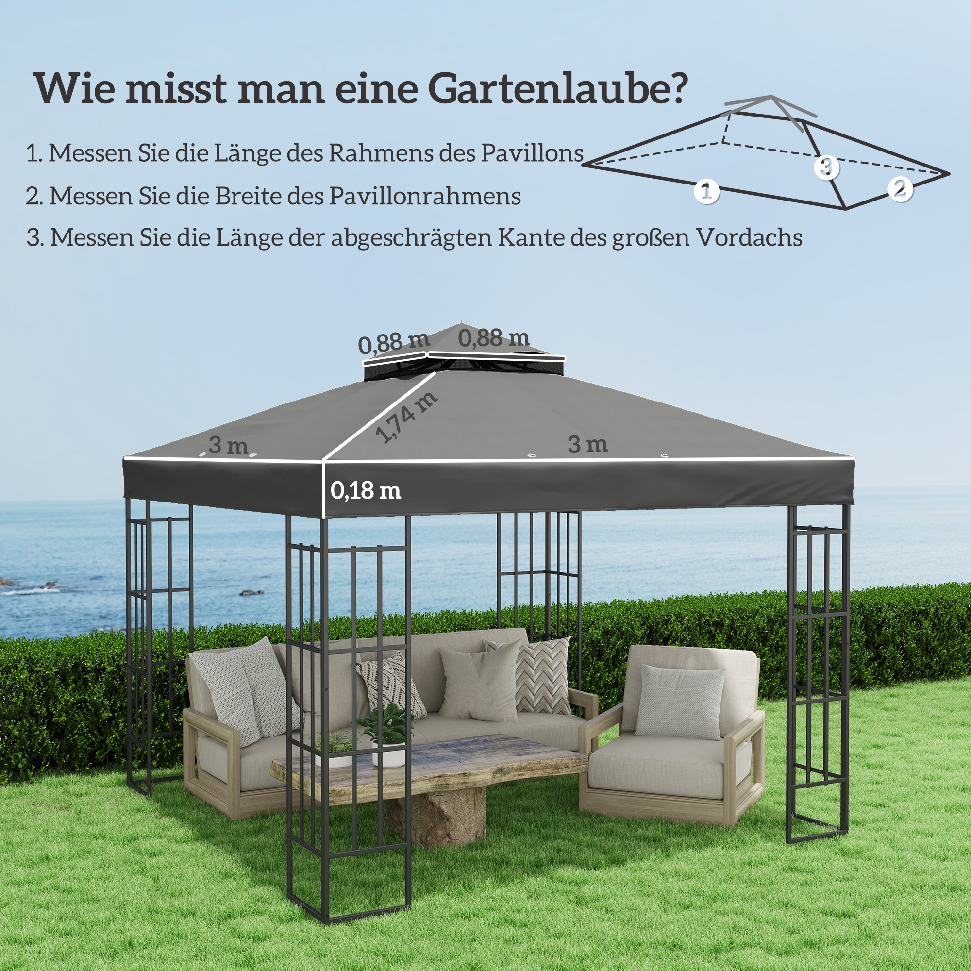 3 x 3 m Ersatzdach für Pavillon, Pavillon-Ersatzplane mit Wasserablauf-Löchern, UPF30+, Sonnenschutz, Dunkelgrau