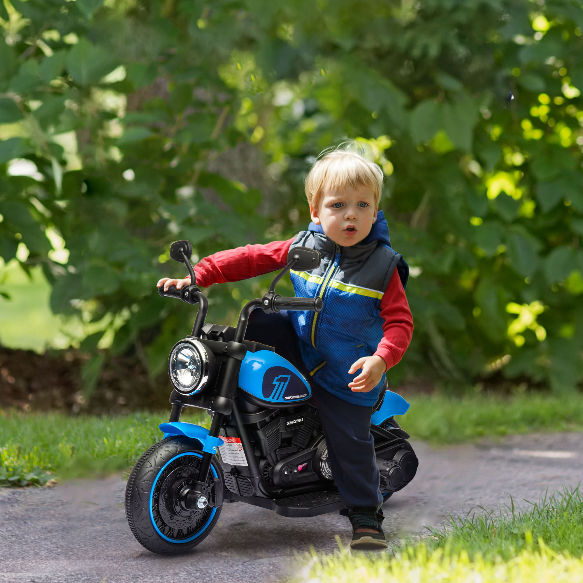 Kindermotorrad, elektrisches Kinderfahrzeug, mit Scheinwerfer, 3 km/h, Blau + Schwarz