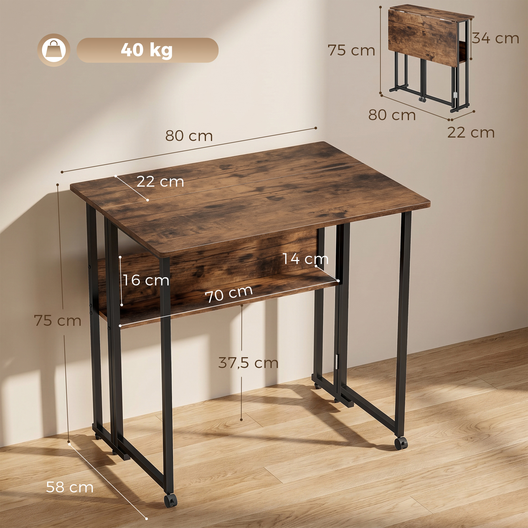 klappbarer Schreibtisch mit Ablagefach, 80 cm Klapptisch für kleine Räume, Büro, Rustikales Braun